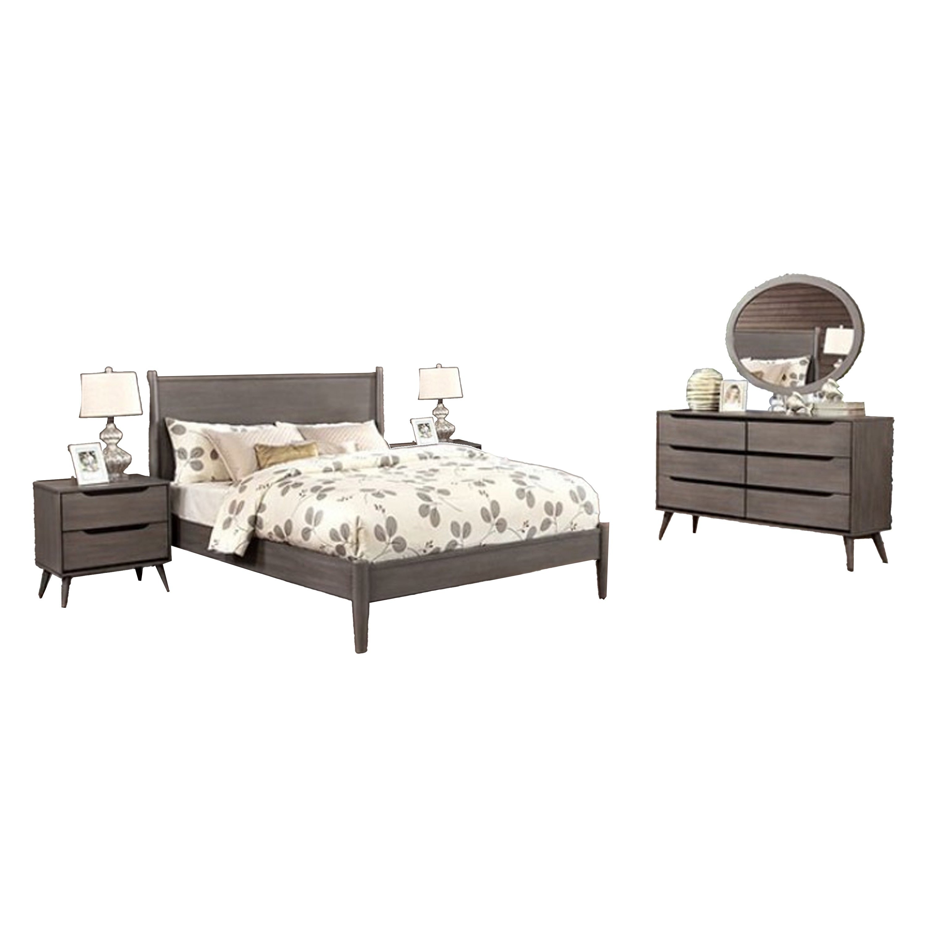 Leyla 5Pc Queen Bedroom Set 2 Nightstands Oval Mirror Gray Wood