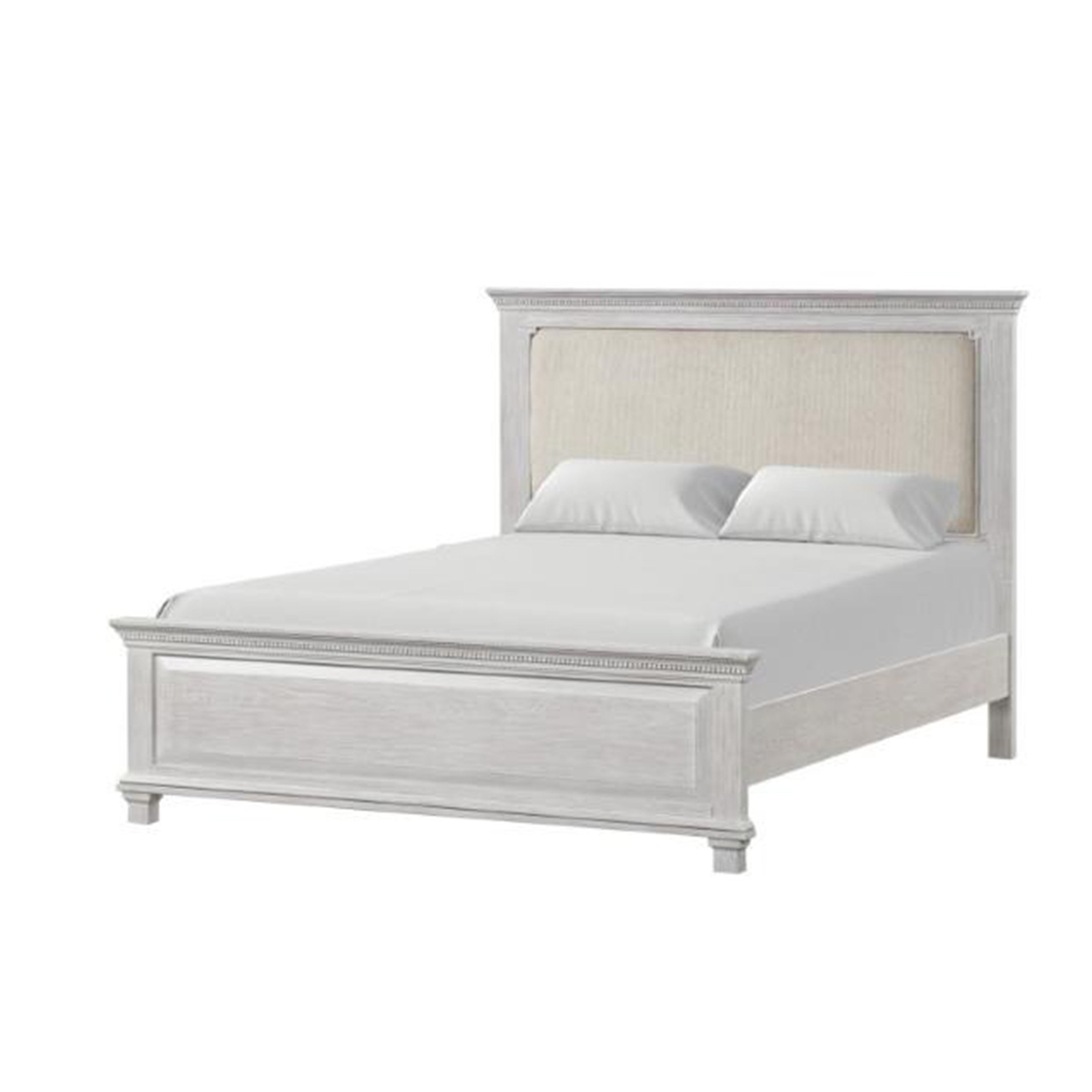 Leyne Queen Bed Cream Upholstery Dentil Molding Weathered Gray Wood