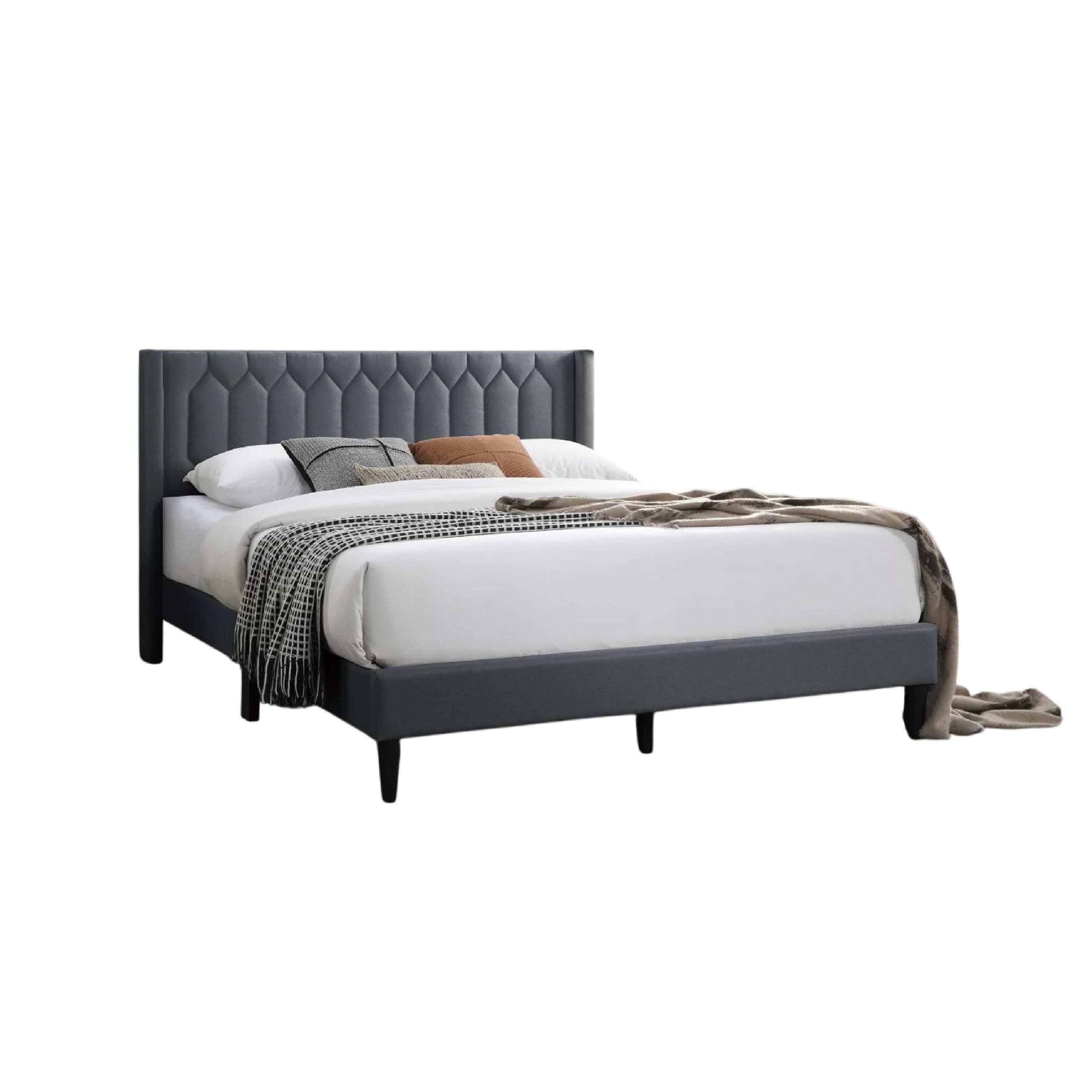 Liana Full Bed Tufted Charcoal Gray Burlap Upholstery Foam Padding