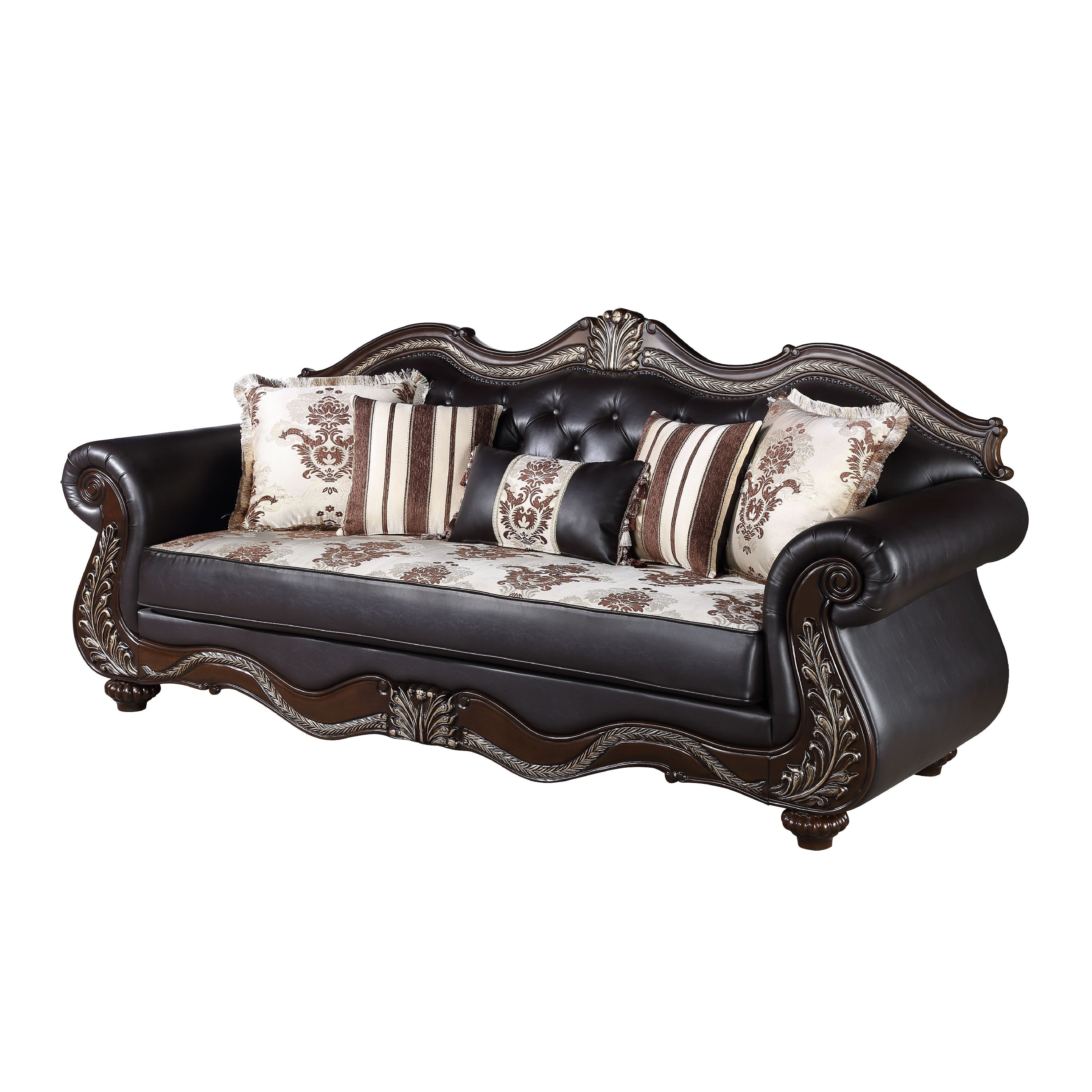 Liana Sofa Ornate Carving Lux Cherry Brown Faux Leather 5 Pillows