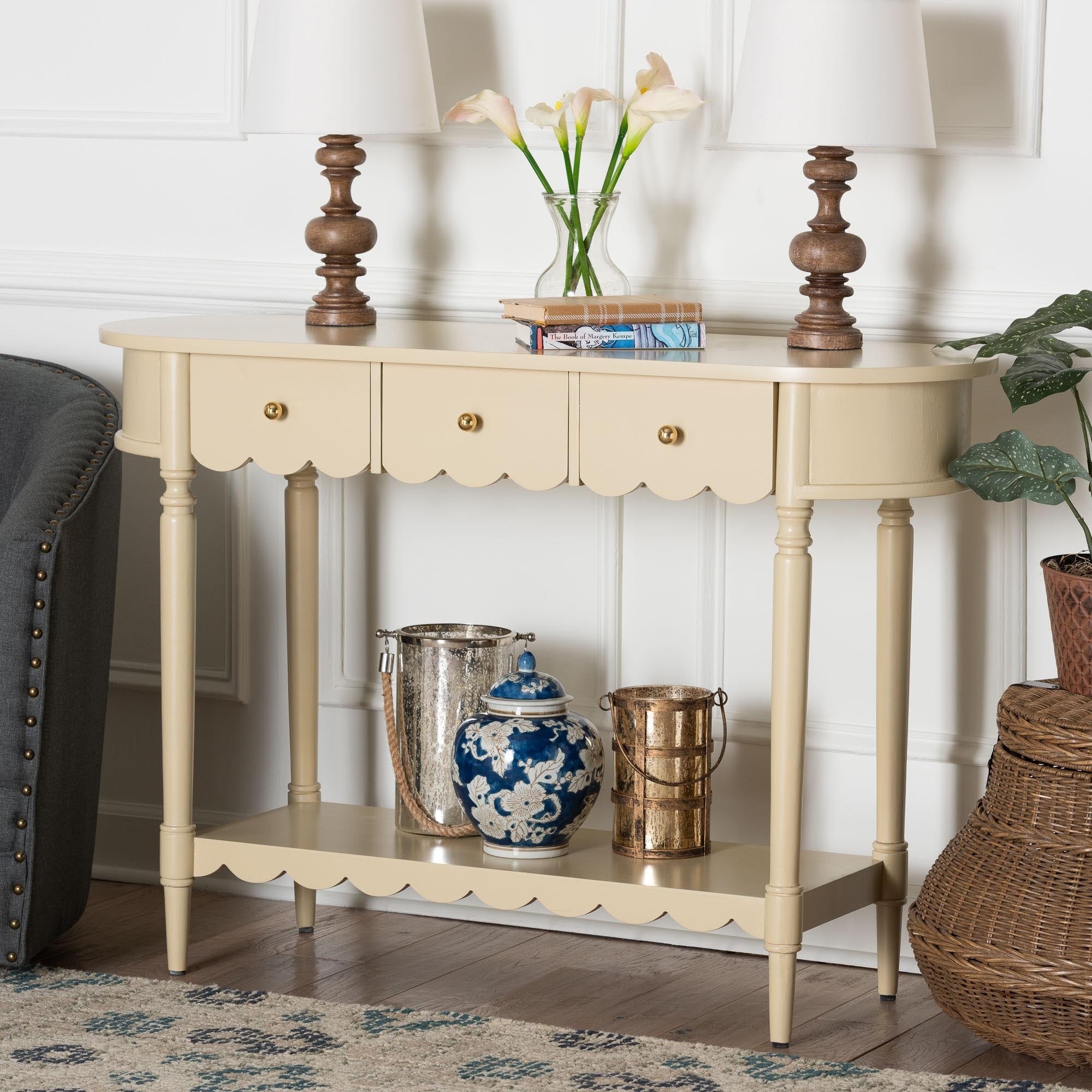Liba Console Table 3 Drawer Accent Table With Scalloped Detailing And Open Shelf Storage For Hallway Entryway Or Living Room