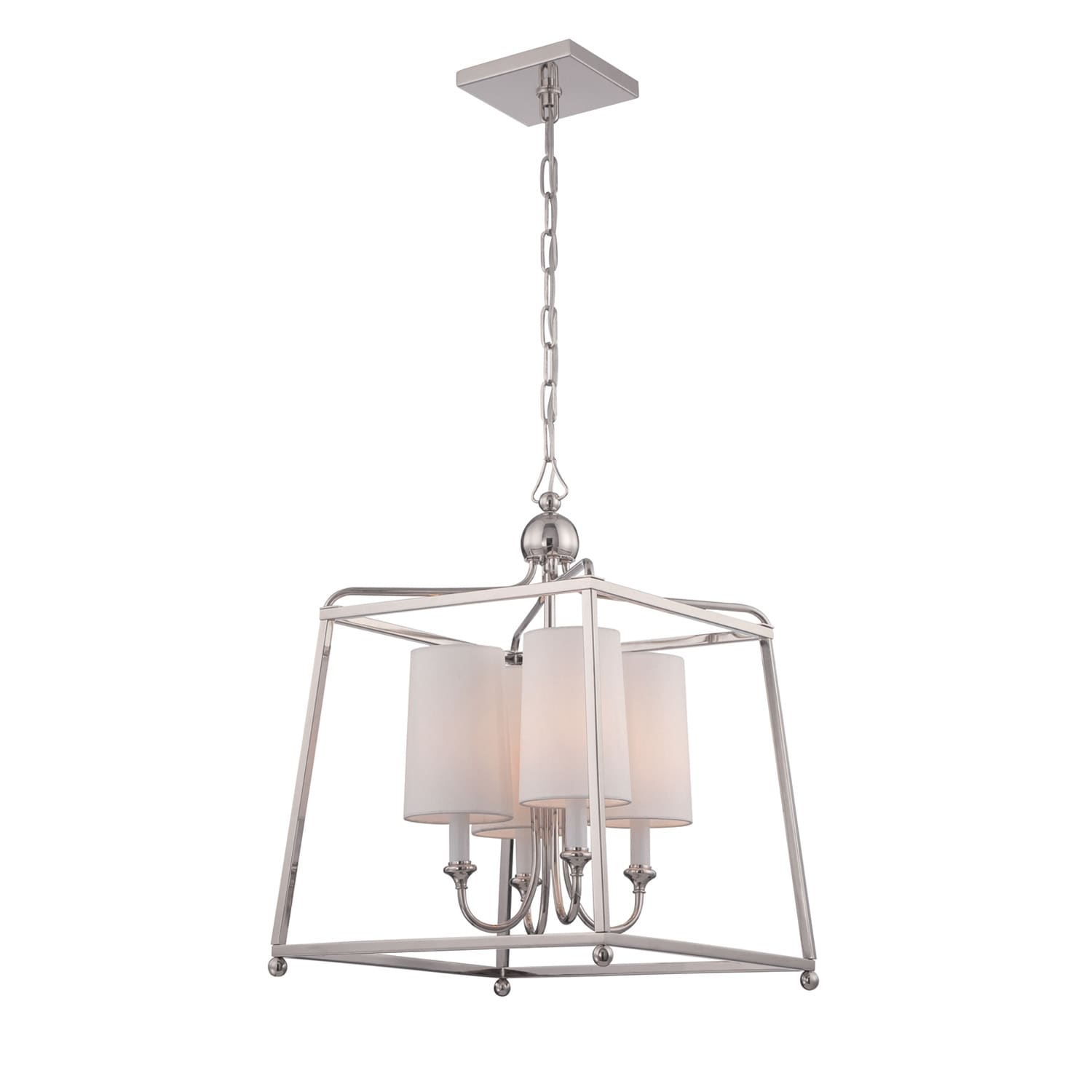 4 Light Polished Nickel Chandelier W White Silk Shades Polished Nickel