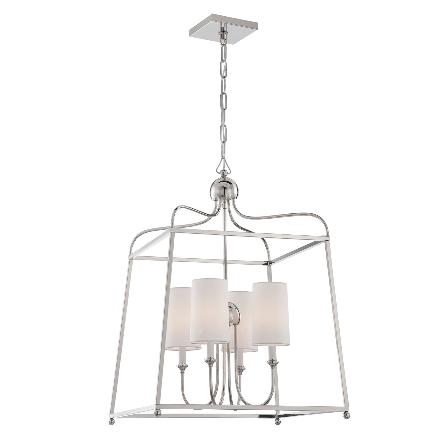4 Light Polished Nickel Chandelier W White Silk Shades