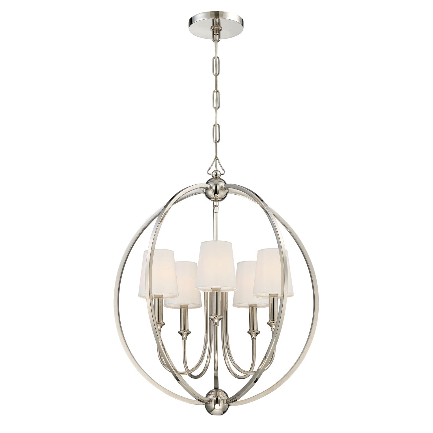 5 Light Polished Nickel Chandelier W White Silk Shades