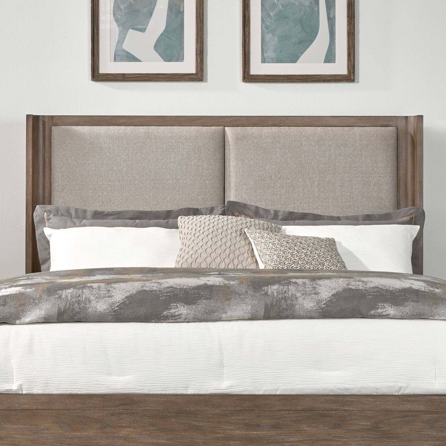 Liberty Furniture South Bend Upholstered Shelter Bed Headboard Burnished Clay Brown Oak Wood Queen Or King