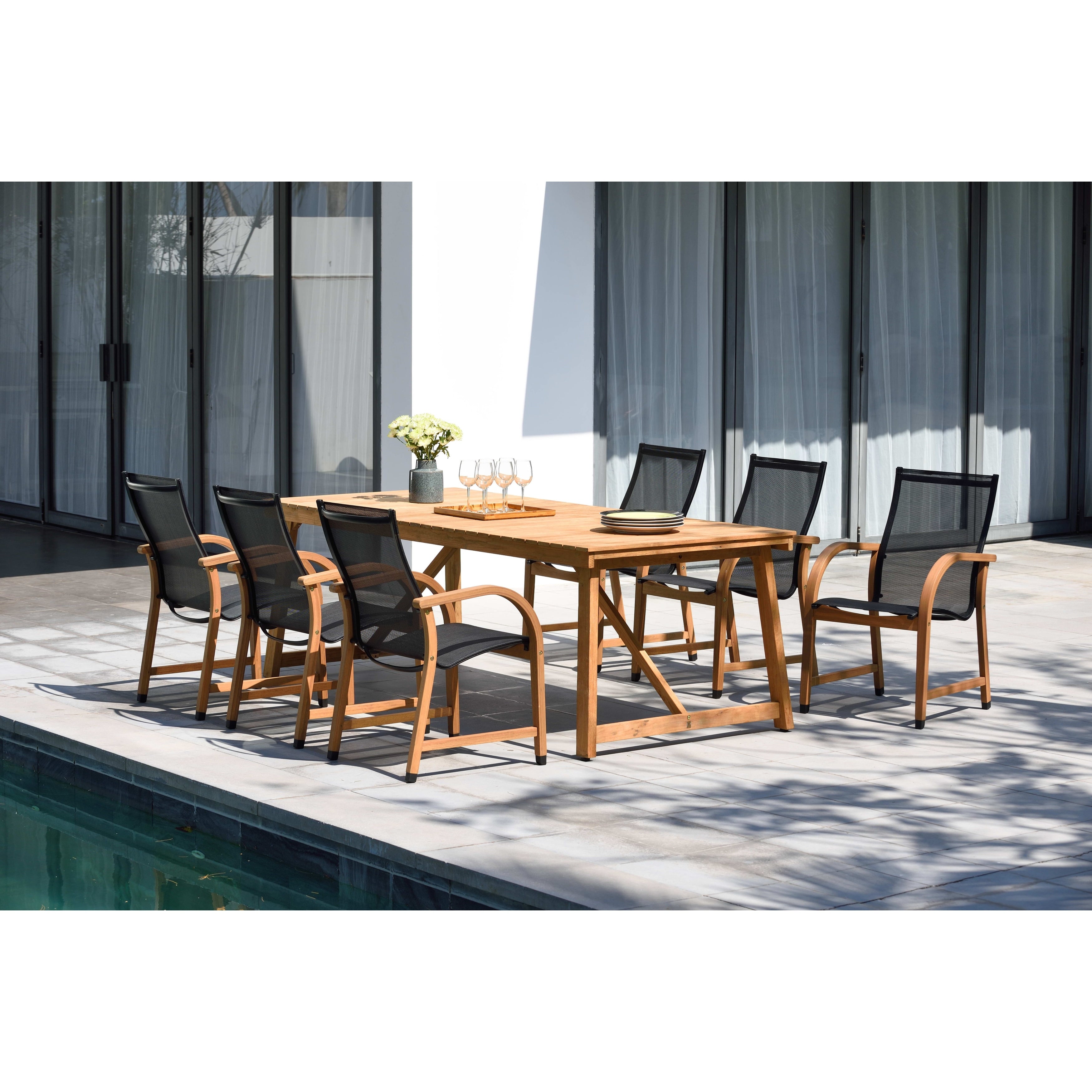 Life Style Garden 7 Piece Teak Patio Dining Set Black Chairs