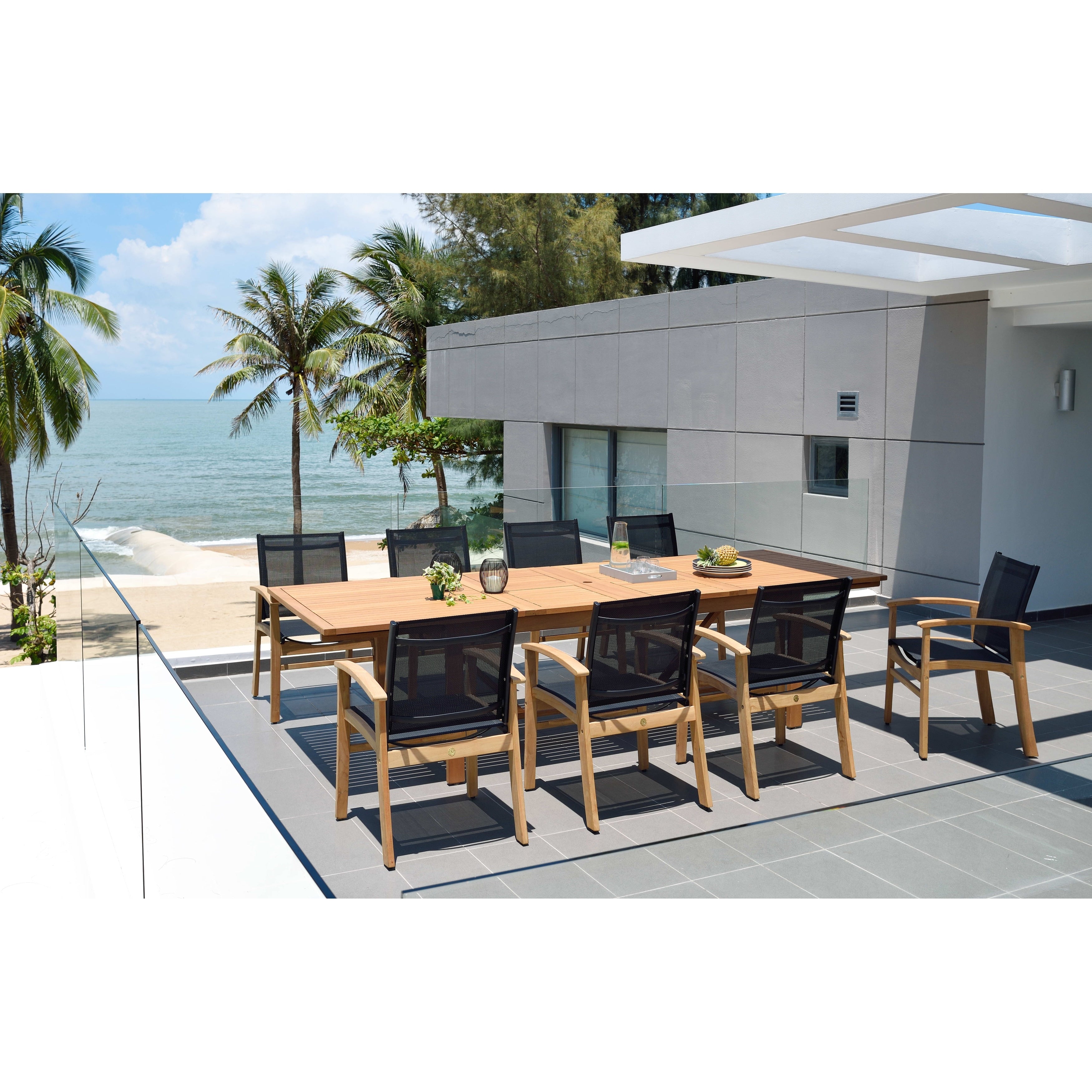 Life Style Garden 9 Piece Teak Finish Patio Dining Set Black Chairs