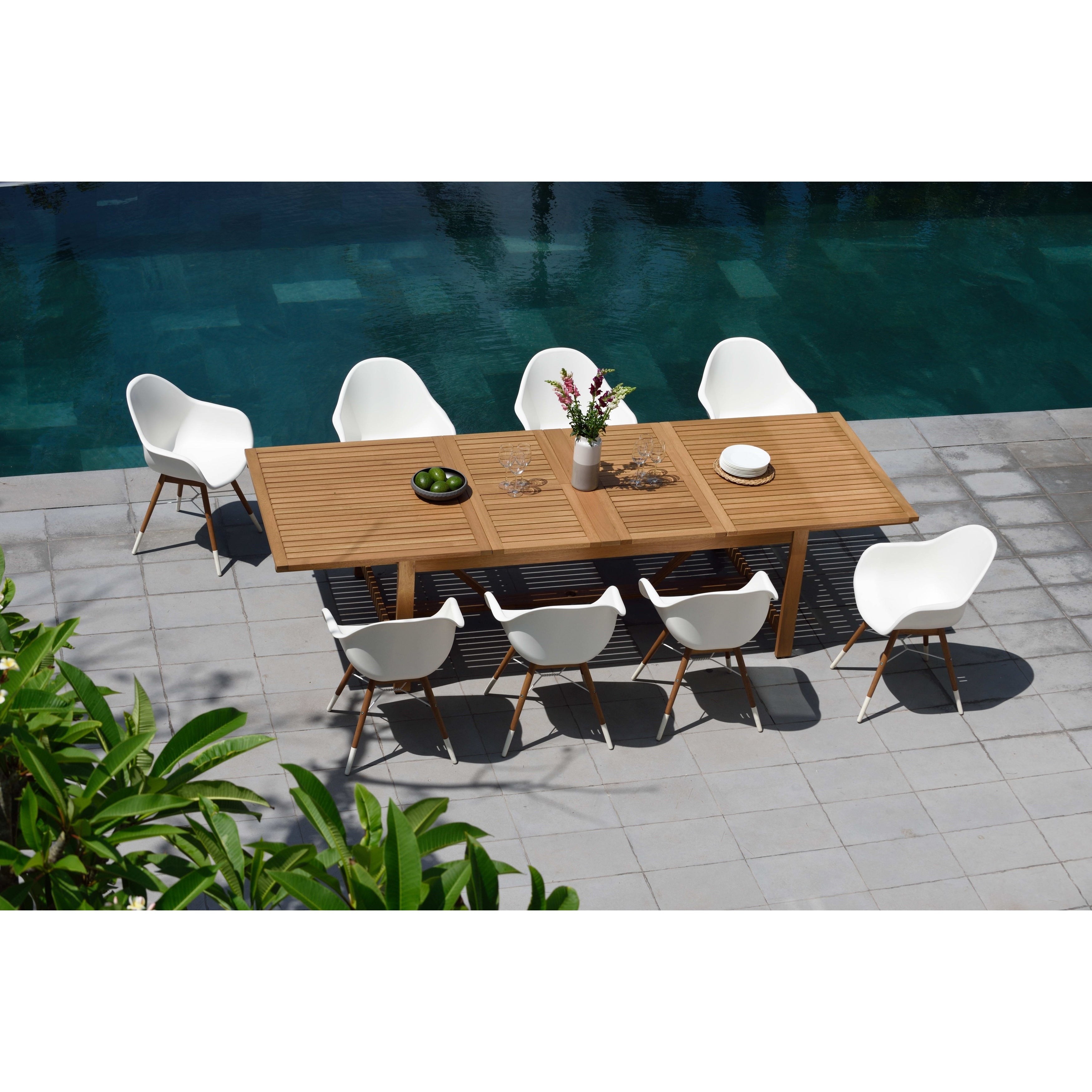 Life Style Garden 9 Piece Teak Finish Patio Dining Set White Chairs