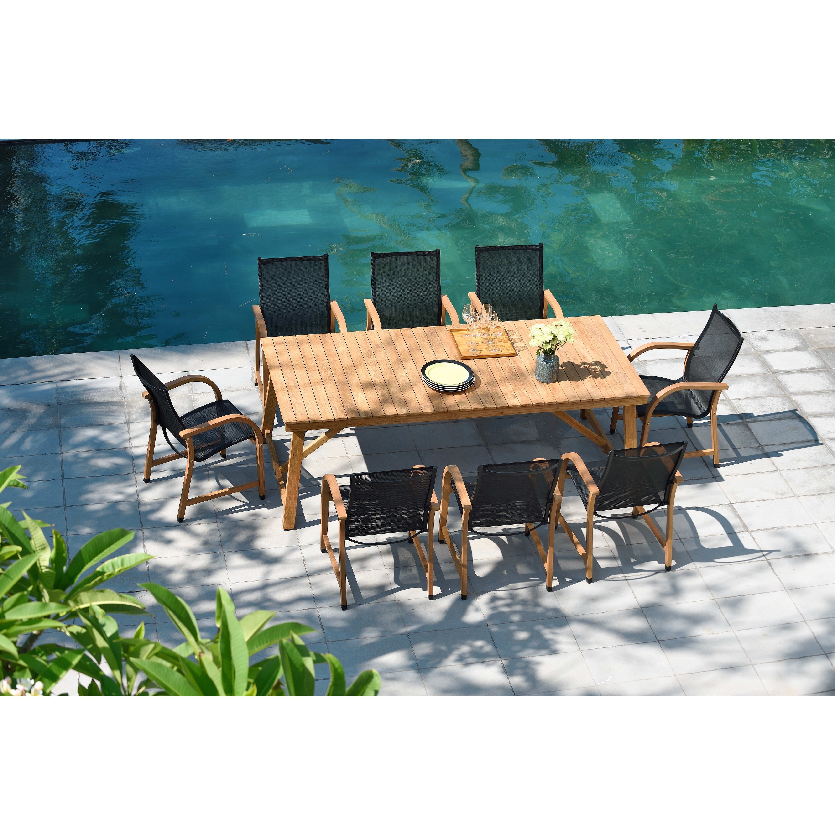 Life Style Garden 9 Piece Teak Patio Dining Set Black Chairs