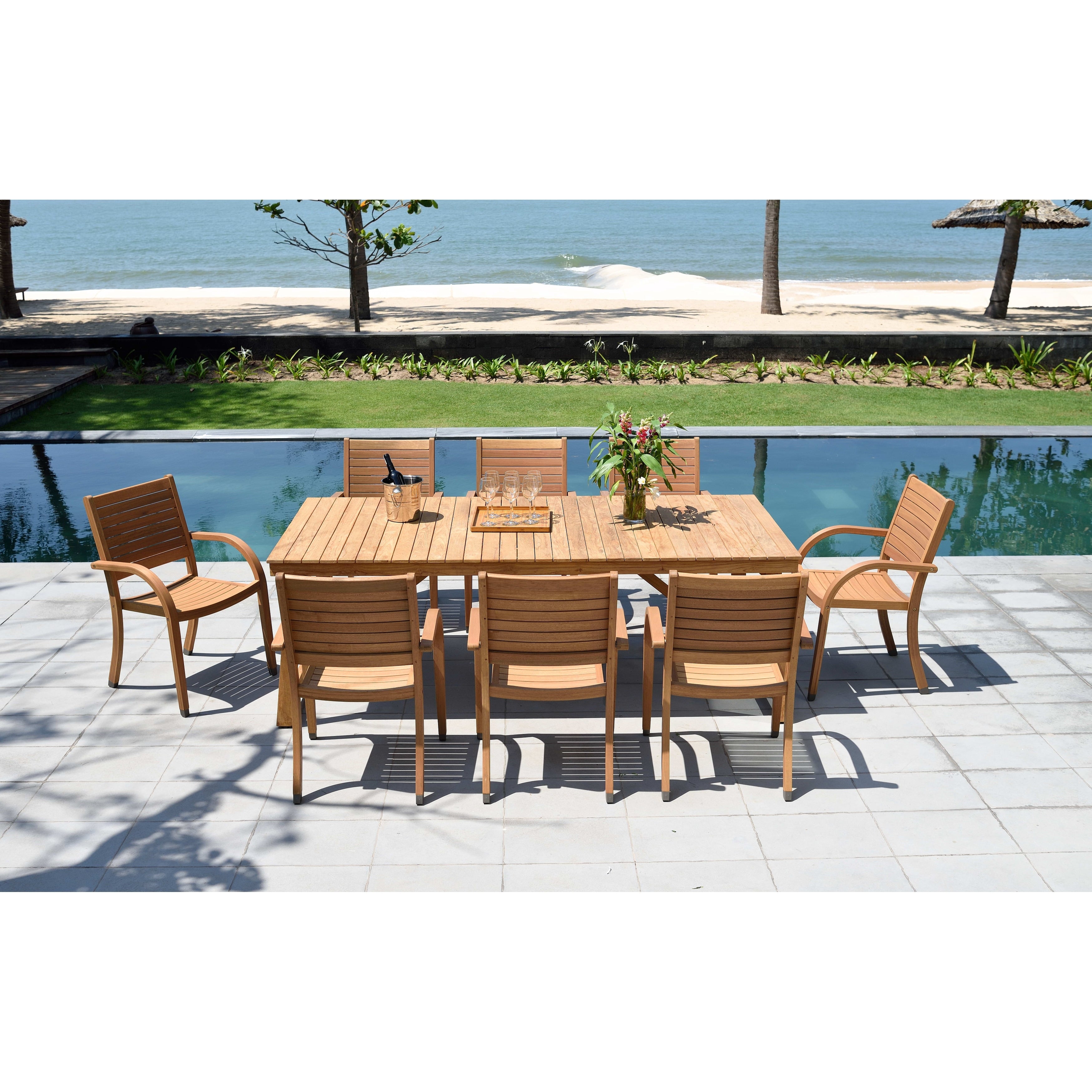 Life Style Garden 9 Piece Teak Patio Dining Set Brown Chairs