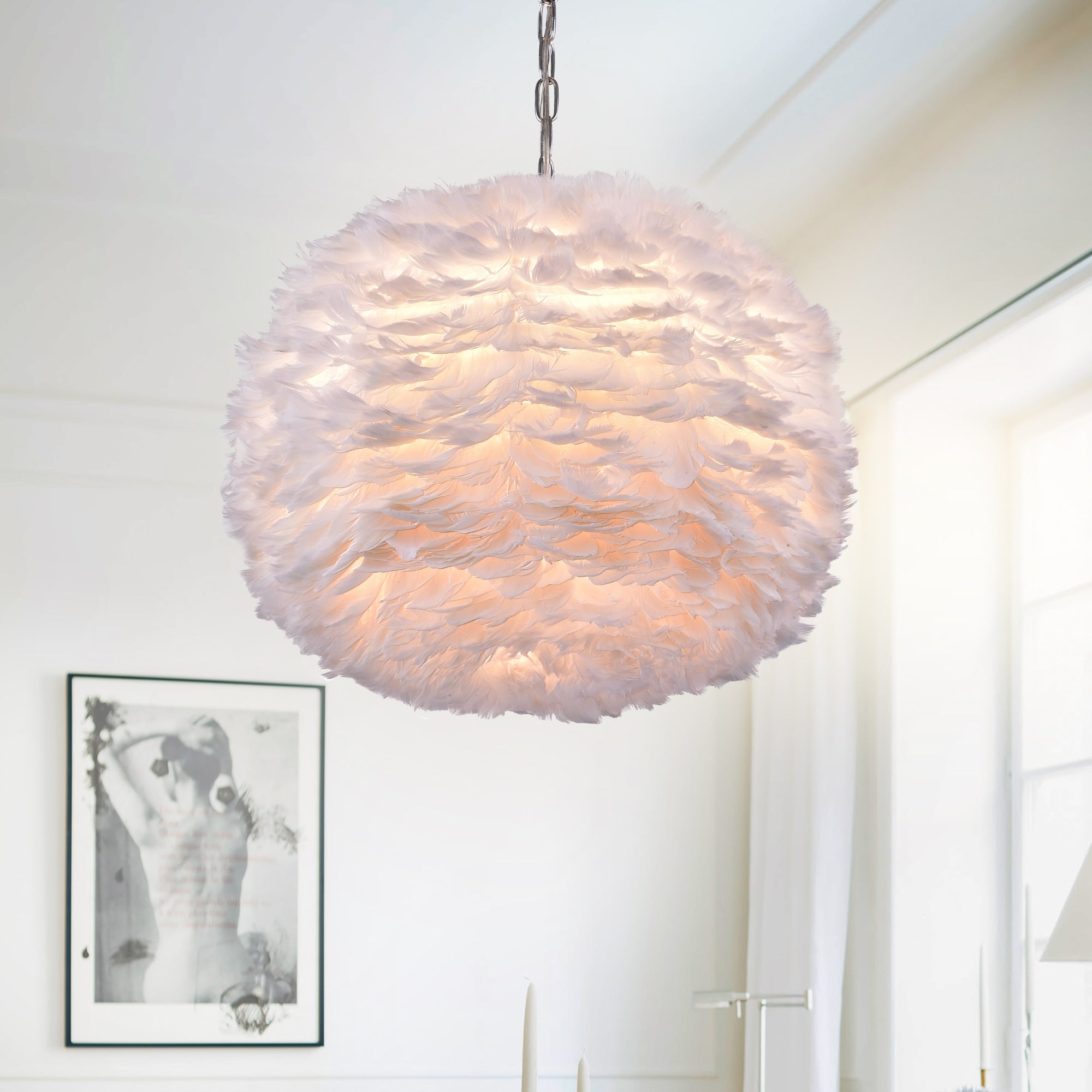 Life White Feather And Chrome 18 Inch Pendant Lamp