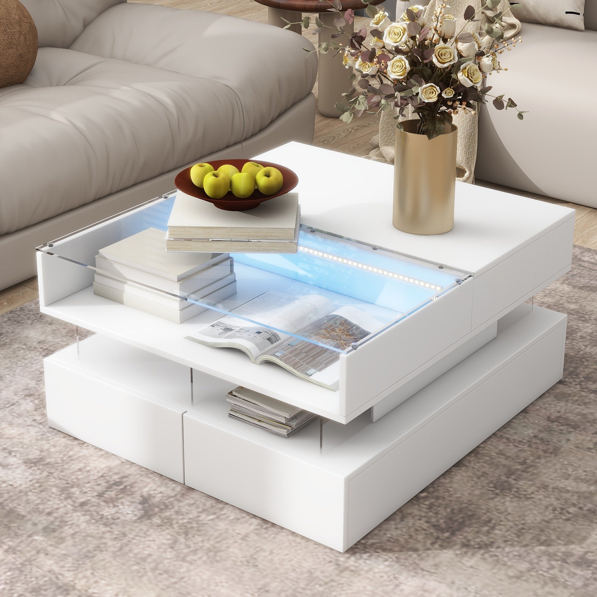 Lift Top Coffee Table With 2 Drawers Modern Square Coffee Table With Glass Top And High Gloss Finish