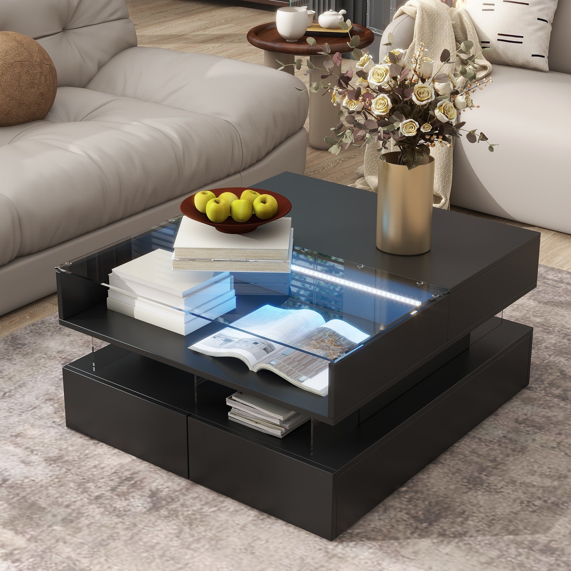 Lift Top Coffee Table With 2 Drawers Square Center Table Black Side Table Sofa Table With Led Lights