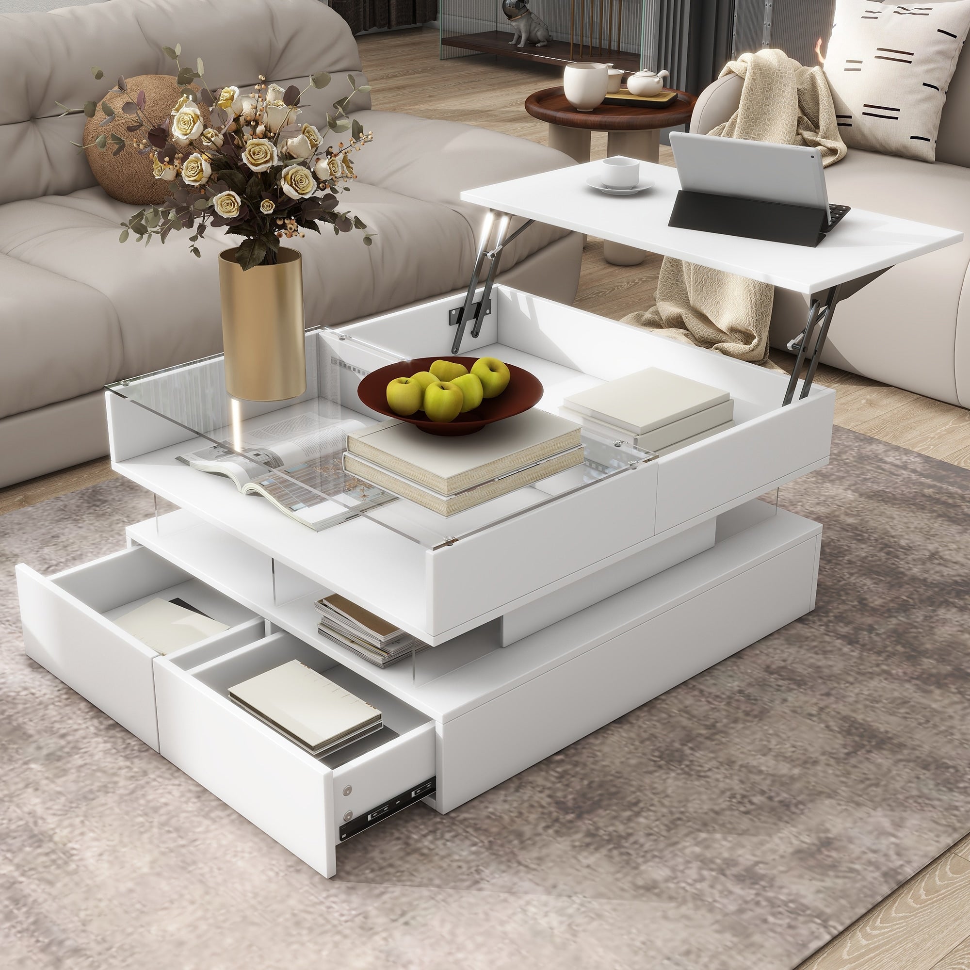 Lift Top Coffee Table With 2 Drawers Square Center Table Side Table White Sofa Table With Led Lights
