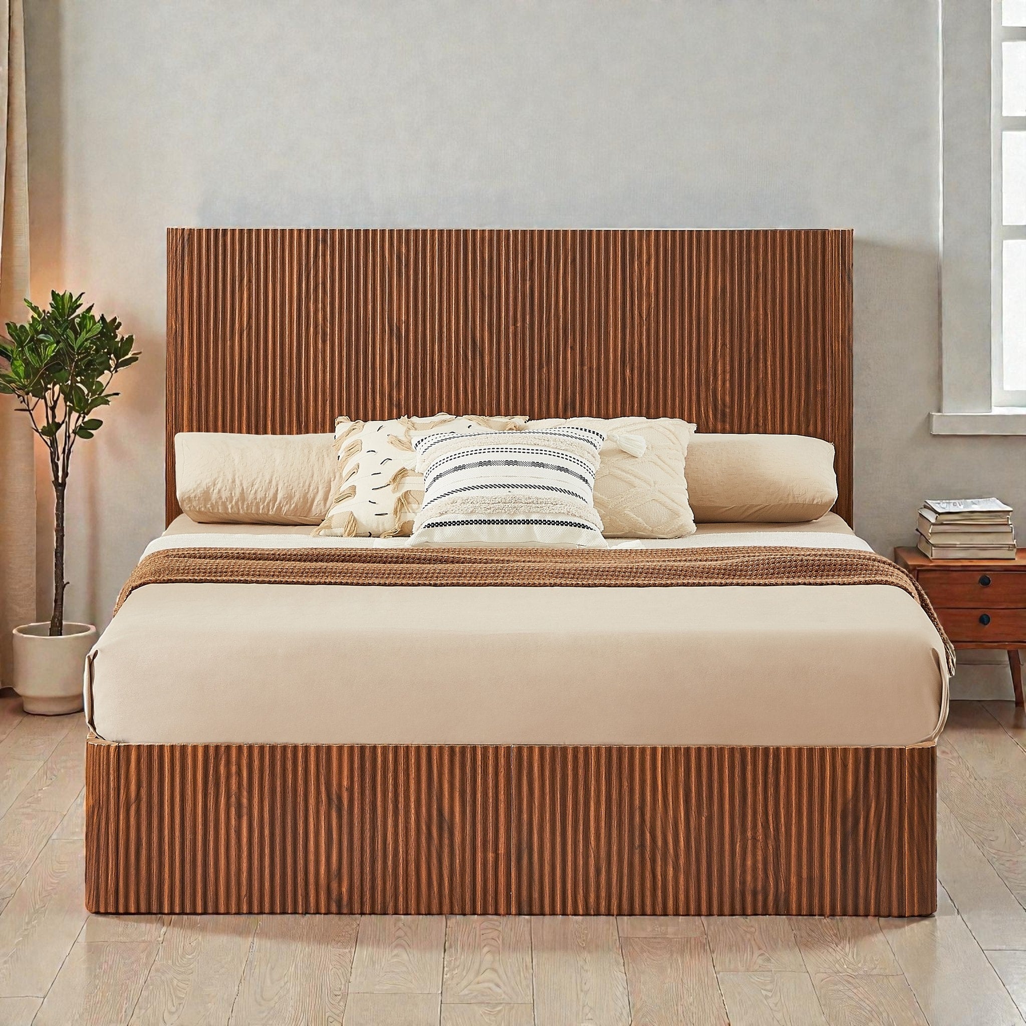 Lift Up Storage Platform Bed With Hydraulic Mechanism Curved Corrugated Wooden Panels No Box Spring Required