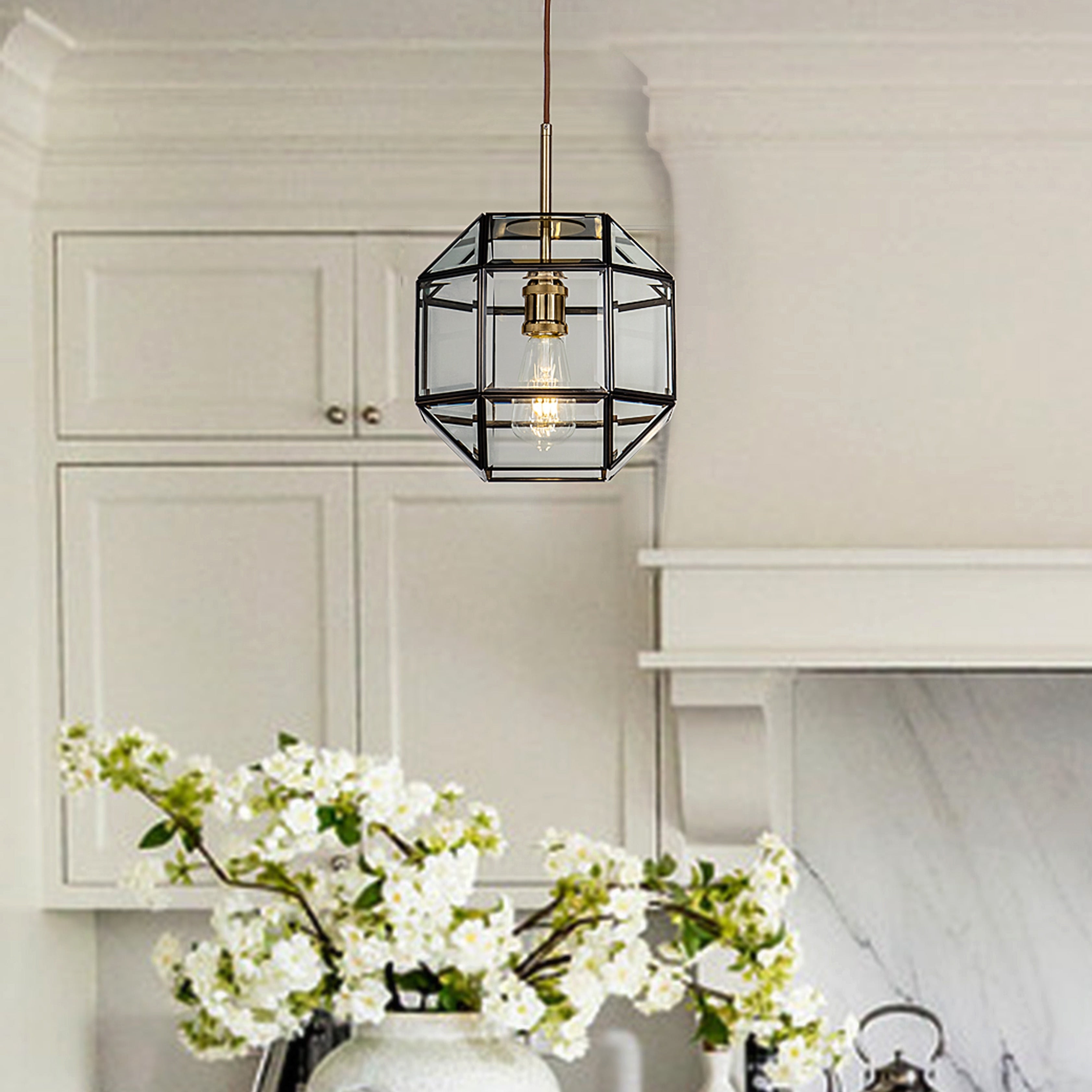 Light Anitque Coffee Paiting Lantern Polyhedral Pendant Lamp With Clear Glass