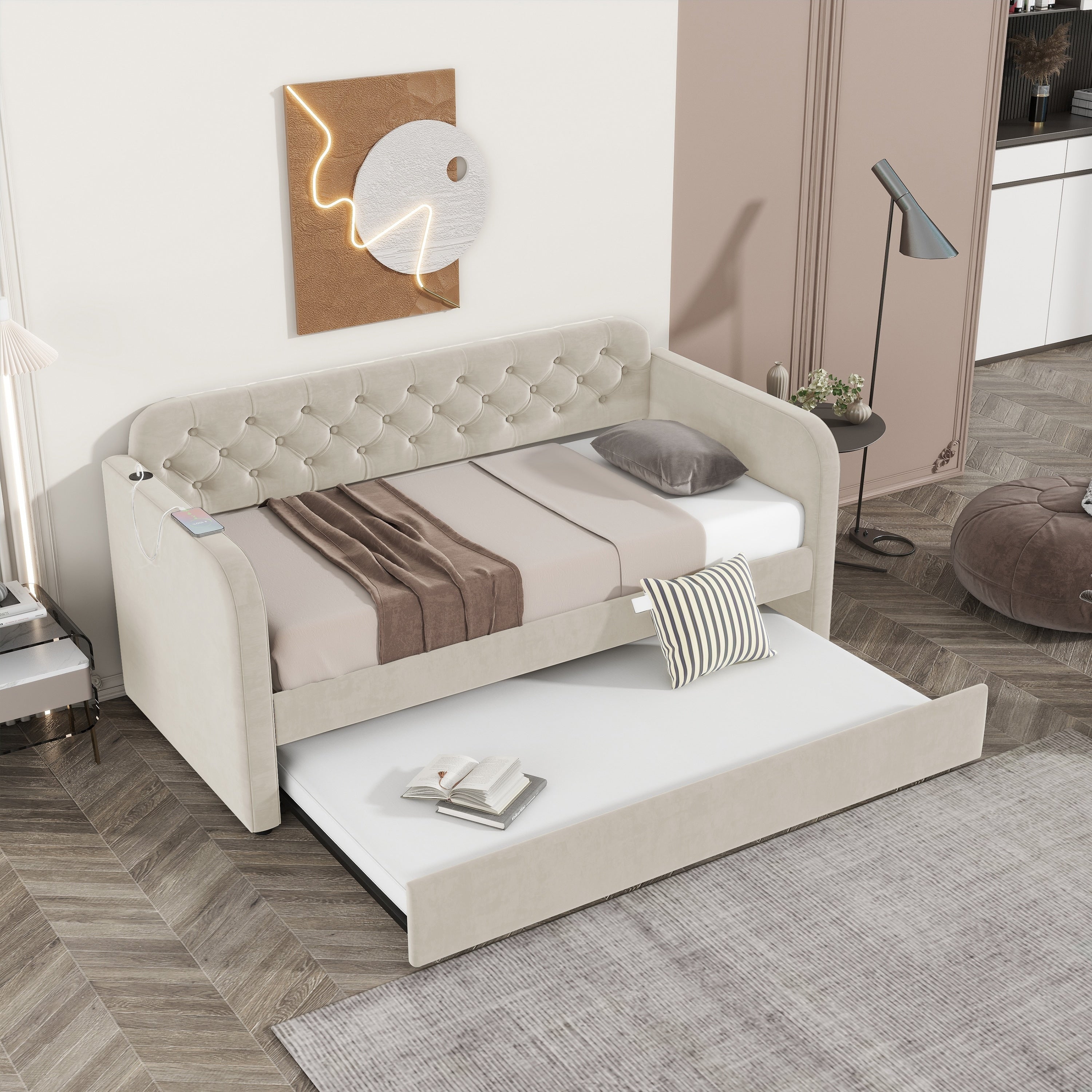 Light Beige Twin Size Upholstered Daybed Sofa Bed With Trundle Bed