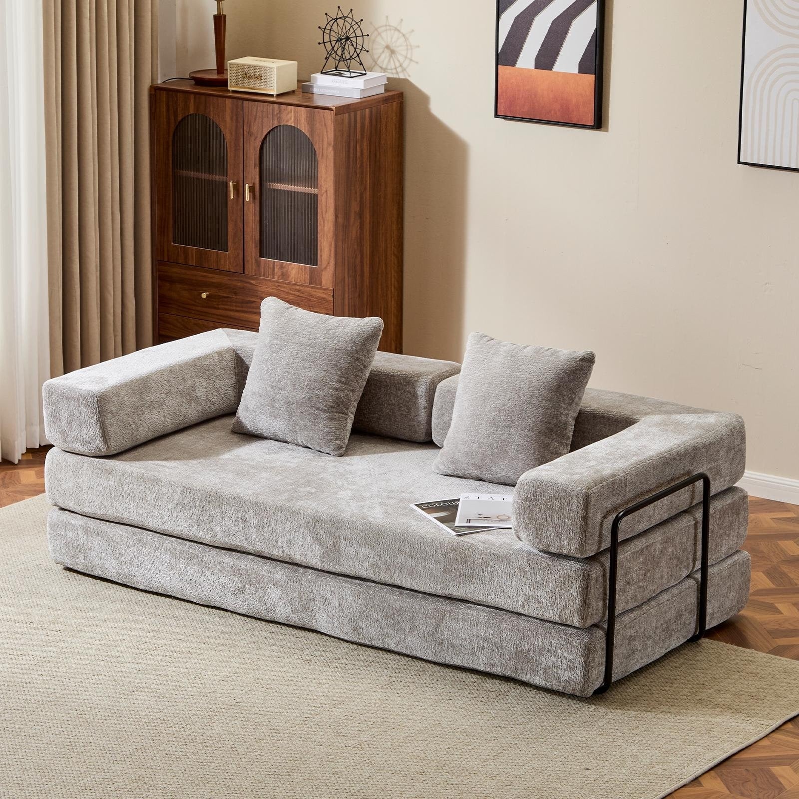 Light Gray Lounge Sleeper Bed Floor Sofa Bed With Foldable Armrests Loveseat Sofa Sleeper Sofa Accent Couch Settee
