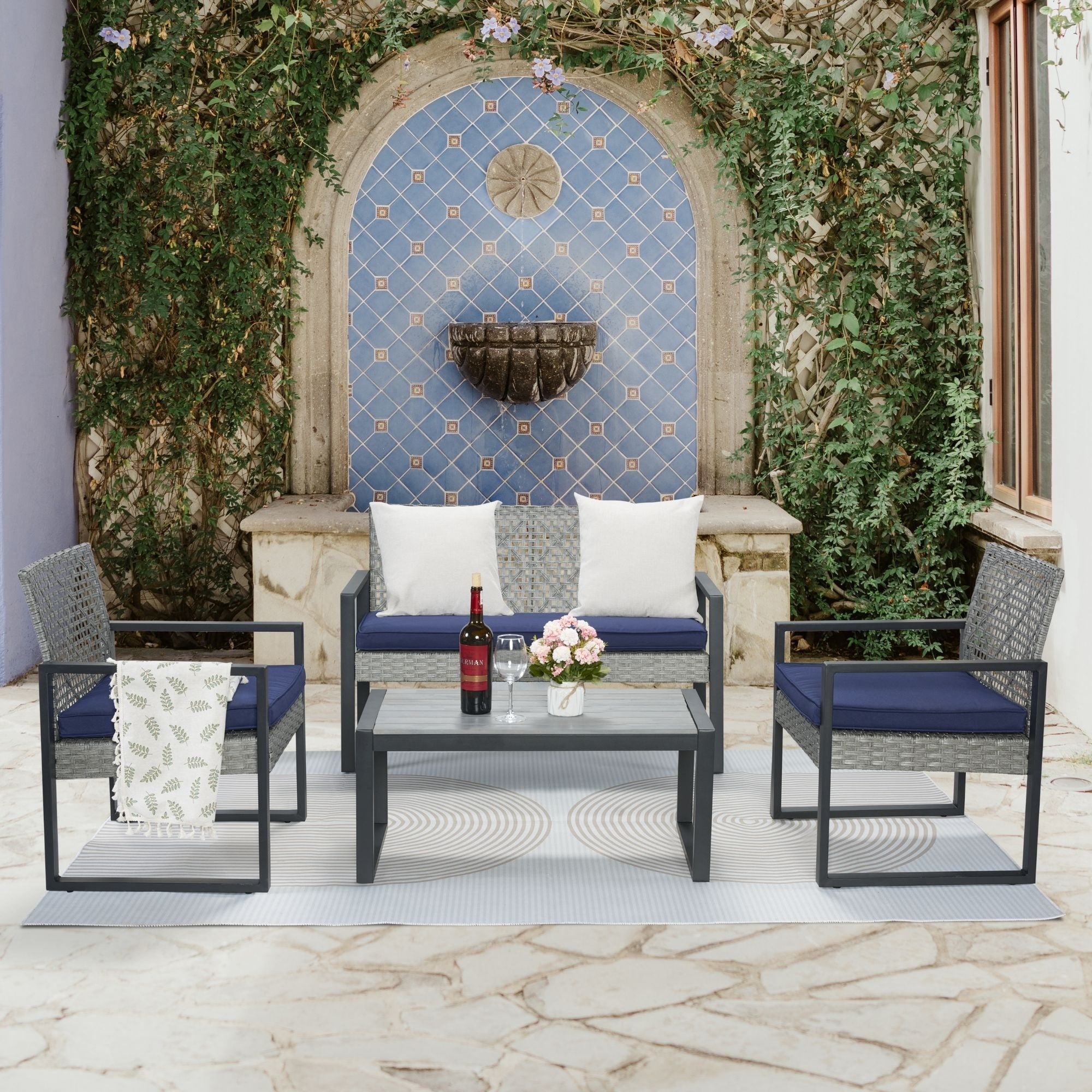 Light Gray Patio Conversation Sets With Loveseat 2 Club Chairs Outdoor Chat Set With Coffee Table