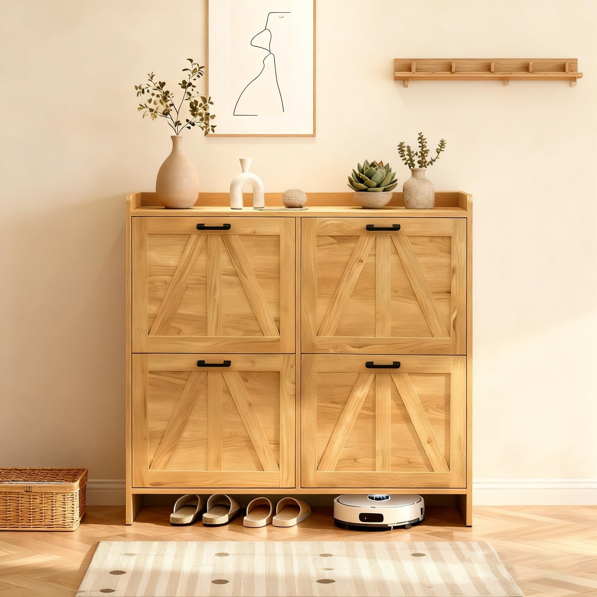 Light Oak Shoe Cabinet Entryway Organizer With 4 Flip Drawers Side Cabinet Hallway Cabinet Decorative Cabinet
