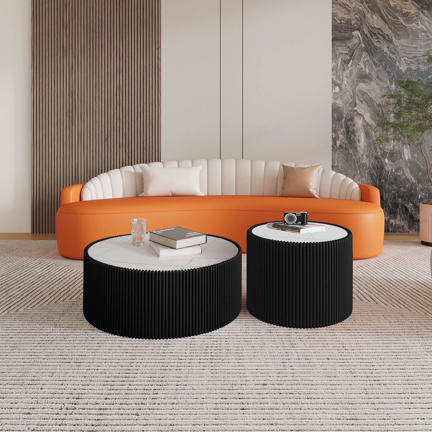 Light Sintered Stone Top With Unique Gold Pattern Cylinder Shape Leather Coffee Modern Sofa Table In Black