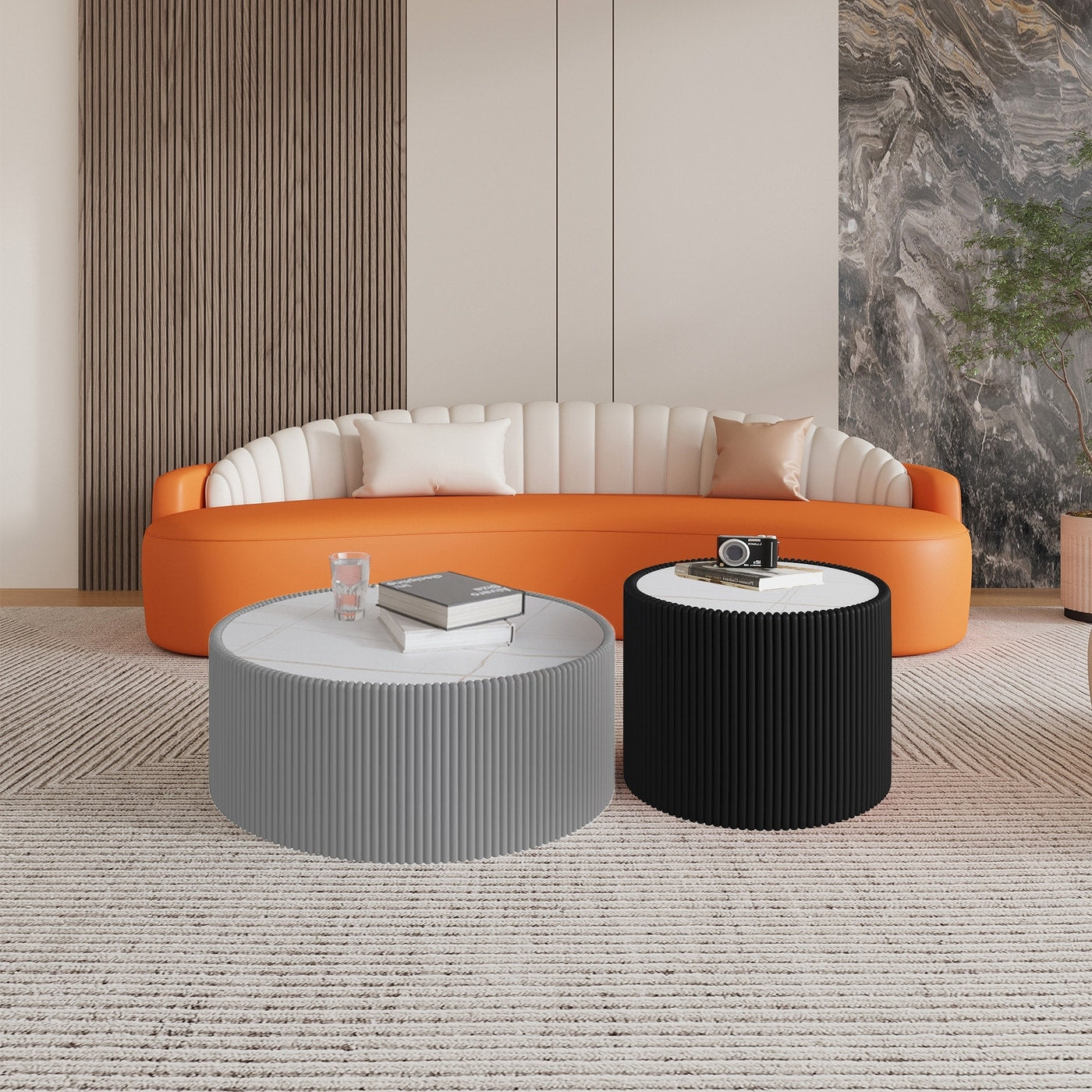 Light Sintered Stone Top With Unique Gold Pattern Cylinder Shape Leather Coffee Modern Sofa Table In Gray