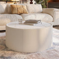 Light Sintered Stone Top With Unique Gold Pattern Cylinder Shape Leather Coffee Modern Sofa Table In White