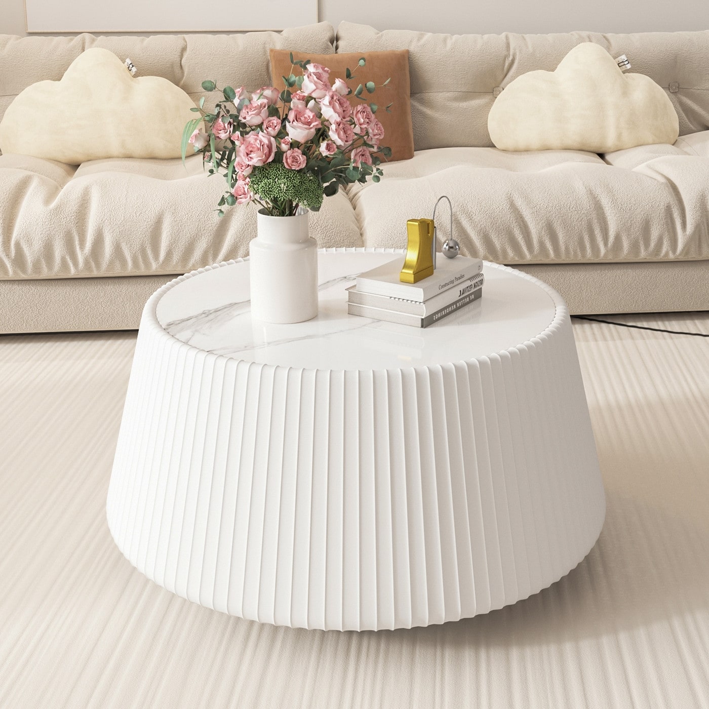 Light Sintered Stone Top With Unique Grey Pattren Cup Shape Leather Coffee Modern Sofa Table In White