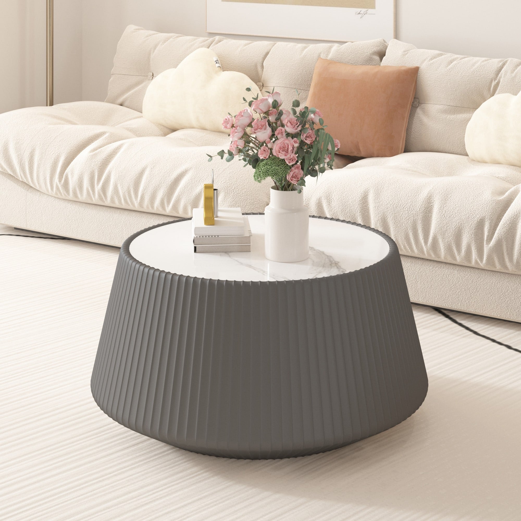 Light Sintered Stone Top Cup Shape Leather Coffee Modern Sofa Table For Living Room Furniture