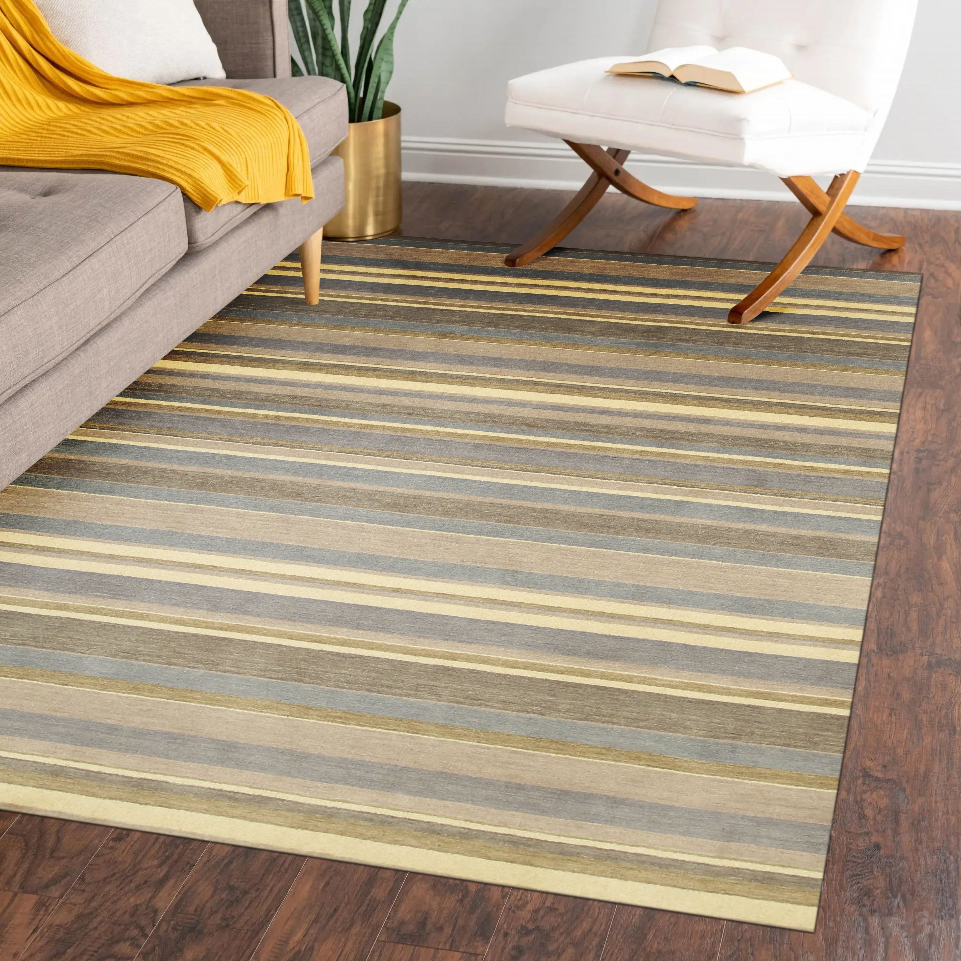 Light Blue Cream Striped Handmade Wool Rug 4 X 6