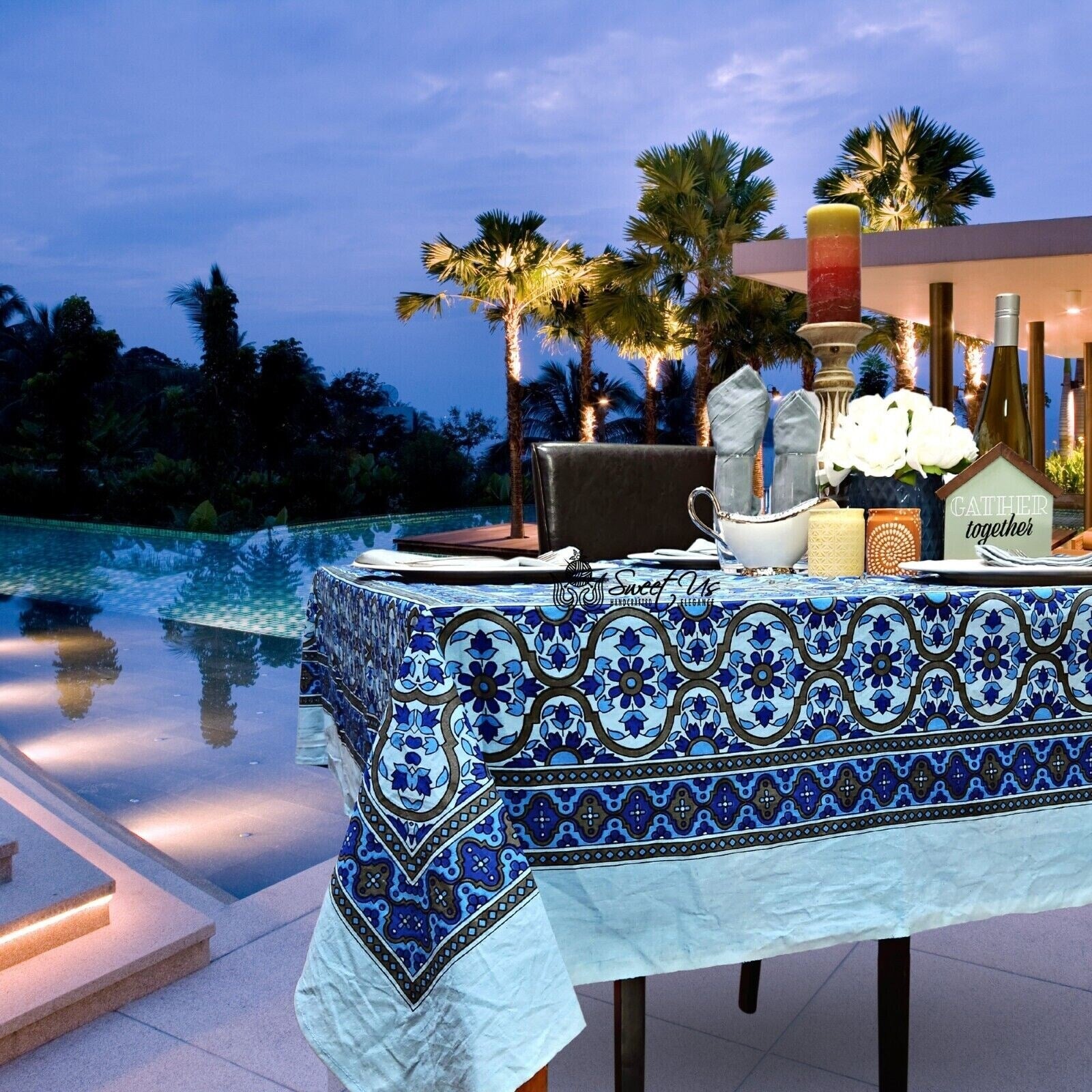 Handmade 100 Percent Cotton Sunflower Tapestry Bedspread Tablecloth Blue Gray Sizes Twin Full Queen King