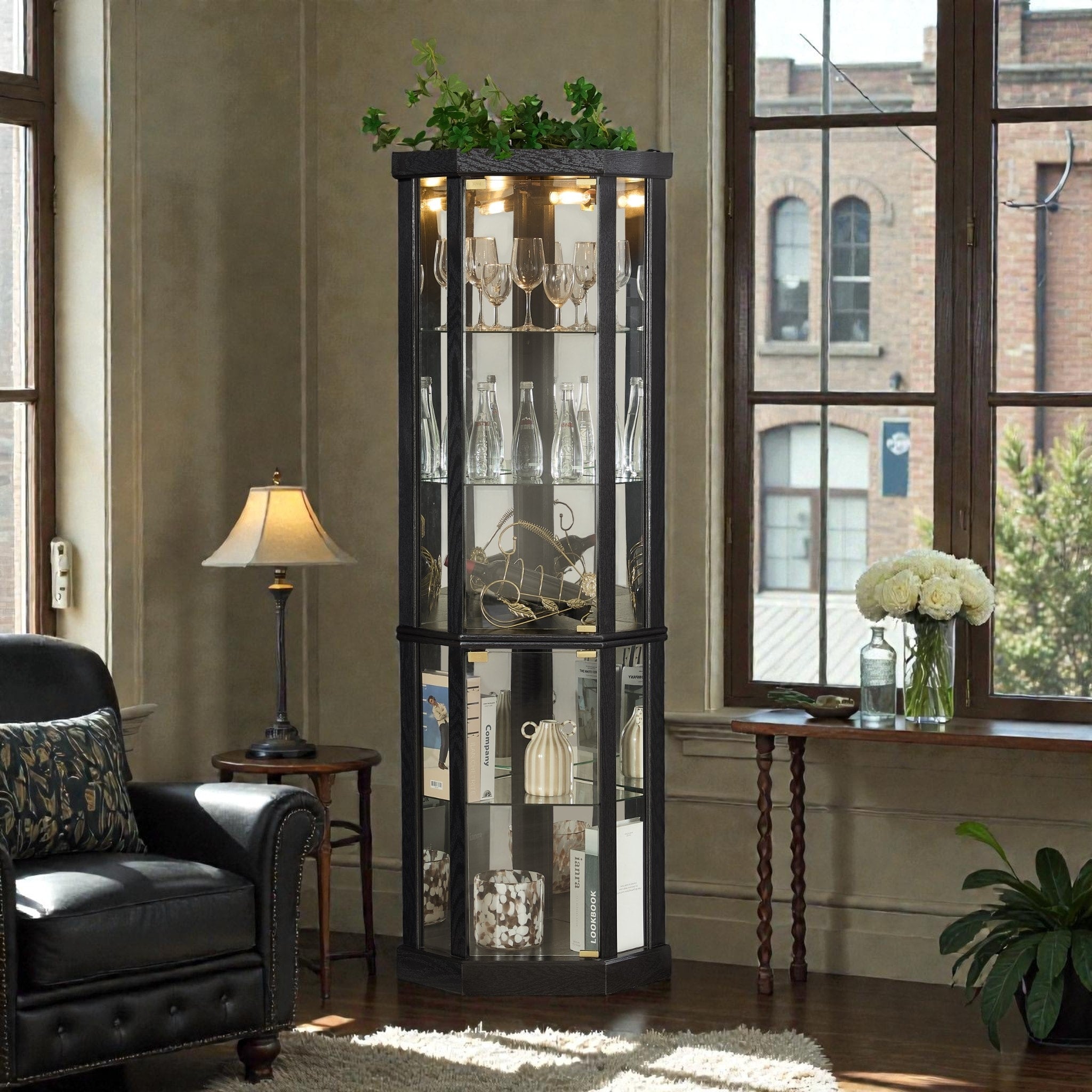 Lighted Corner Curio Cabinet With Glass Doors Elegant Display Case For Living Room Bar And Wine Storage