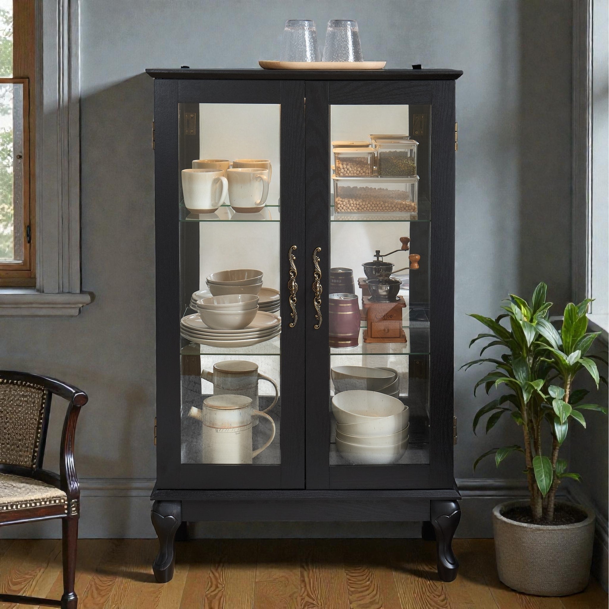 Lighted Curio Cabinet With Tempered Glass Doors Vintage Display Cabinet With Mirrored Back And Adjustable Shelves