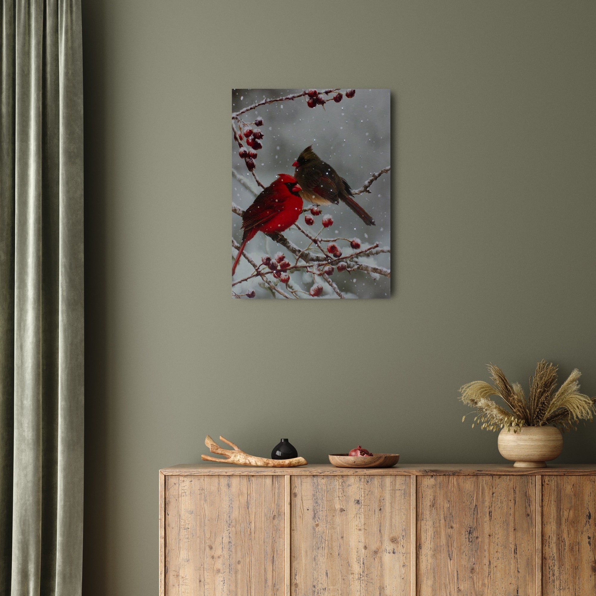 Lighted Red Cardinals Berries Christmas Canvas Wall Art 15.75 X 11.75