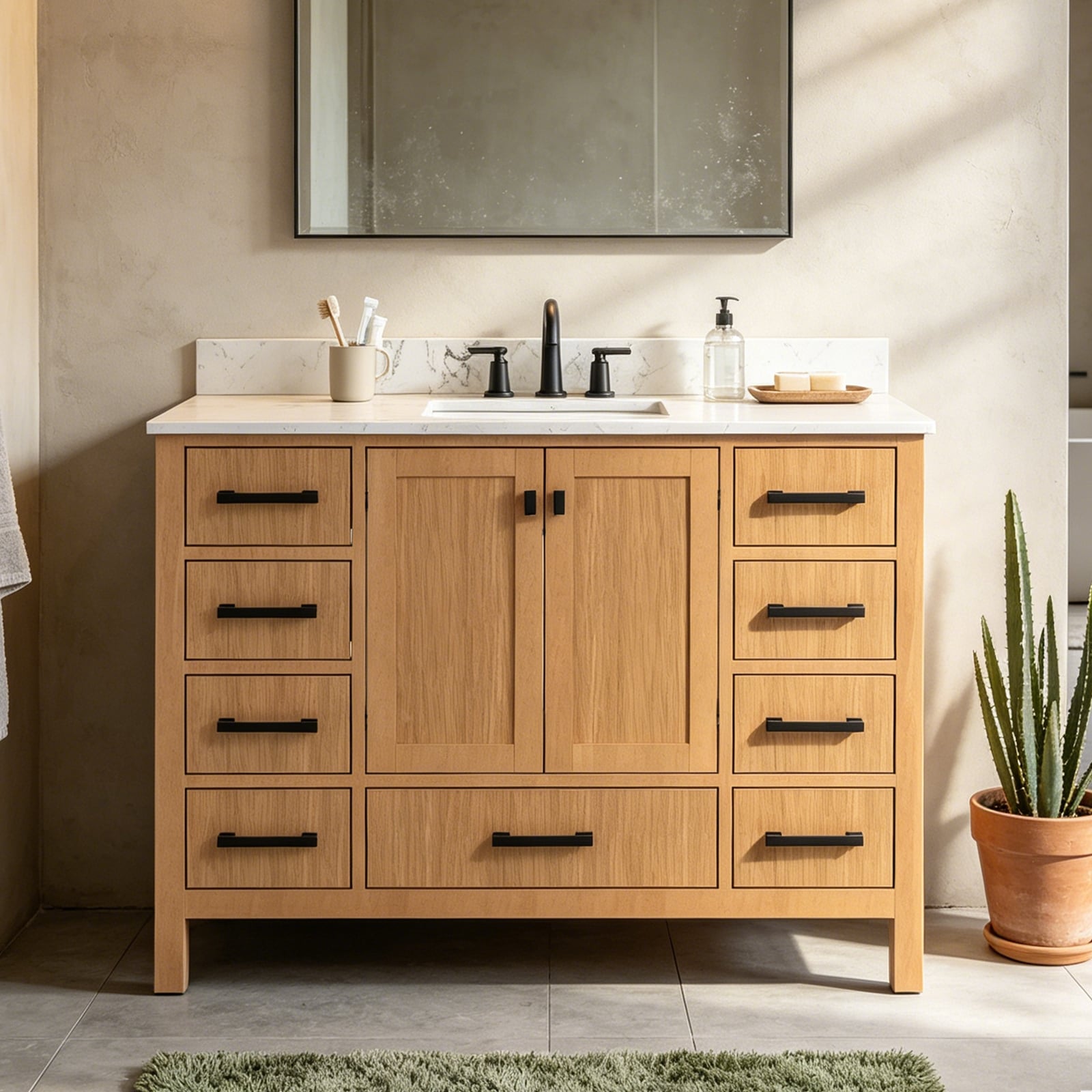 Lignora 48 Inch Modern Natural Light Oak Bathroom Vanity With Top