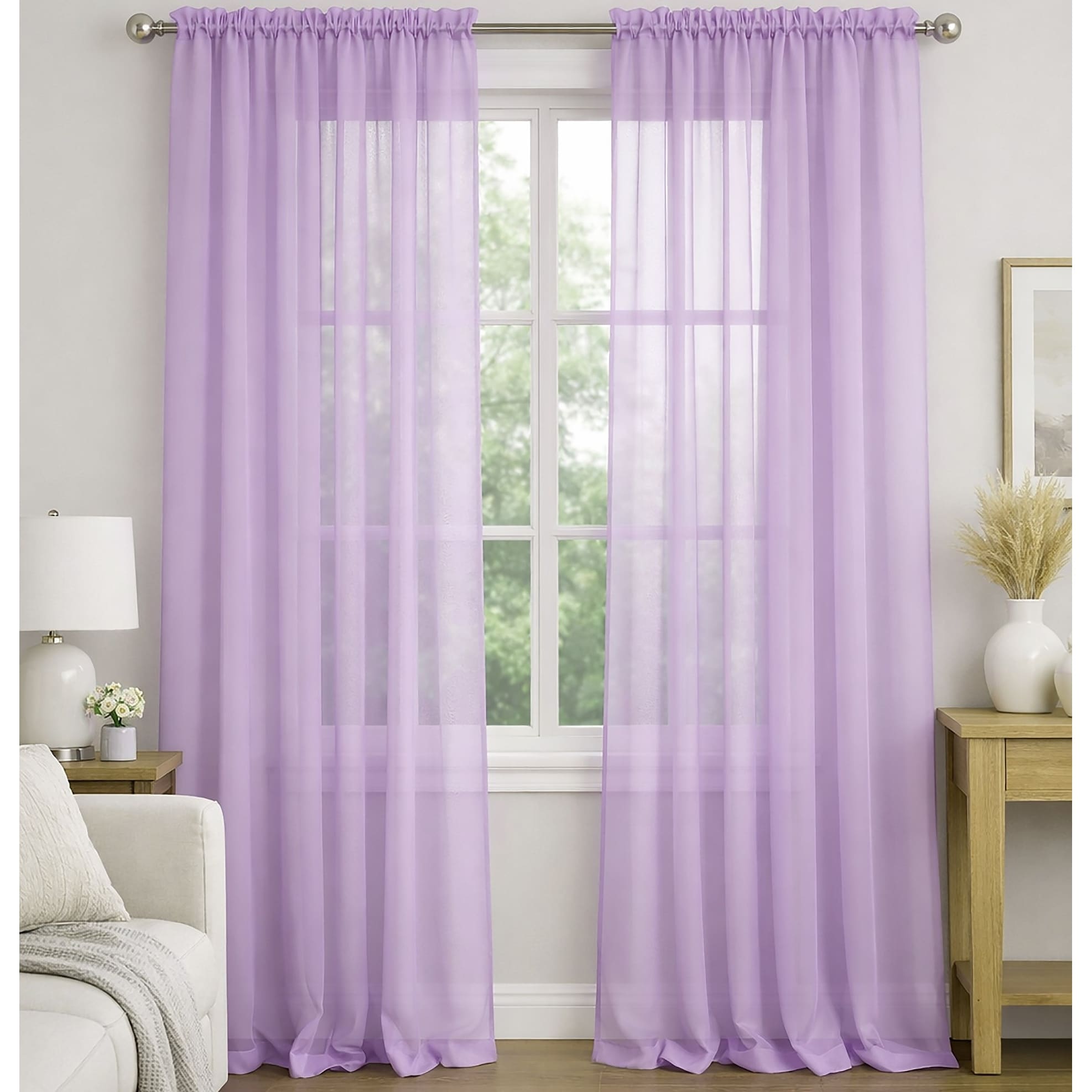 Lilac Sheer Window Rod Pocket Curtain Set 90 Inches Long 2 Panels