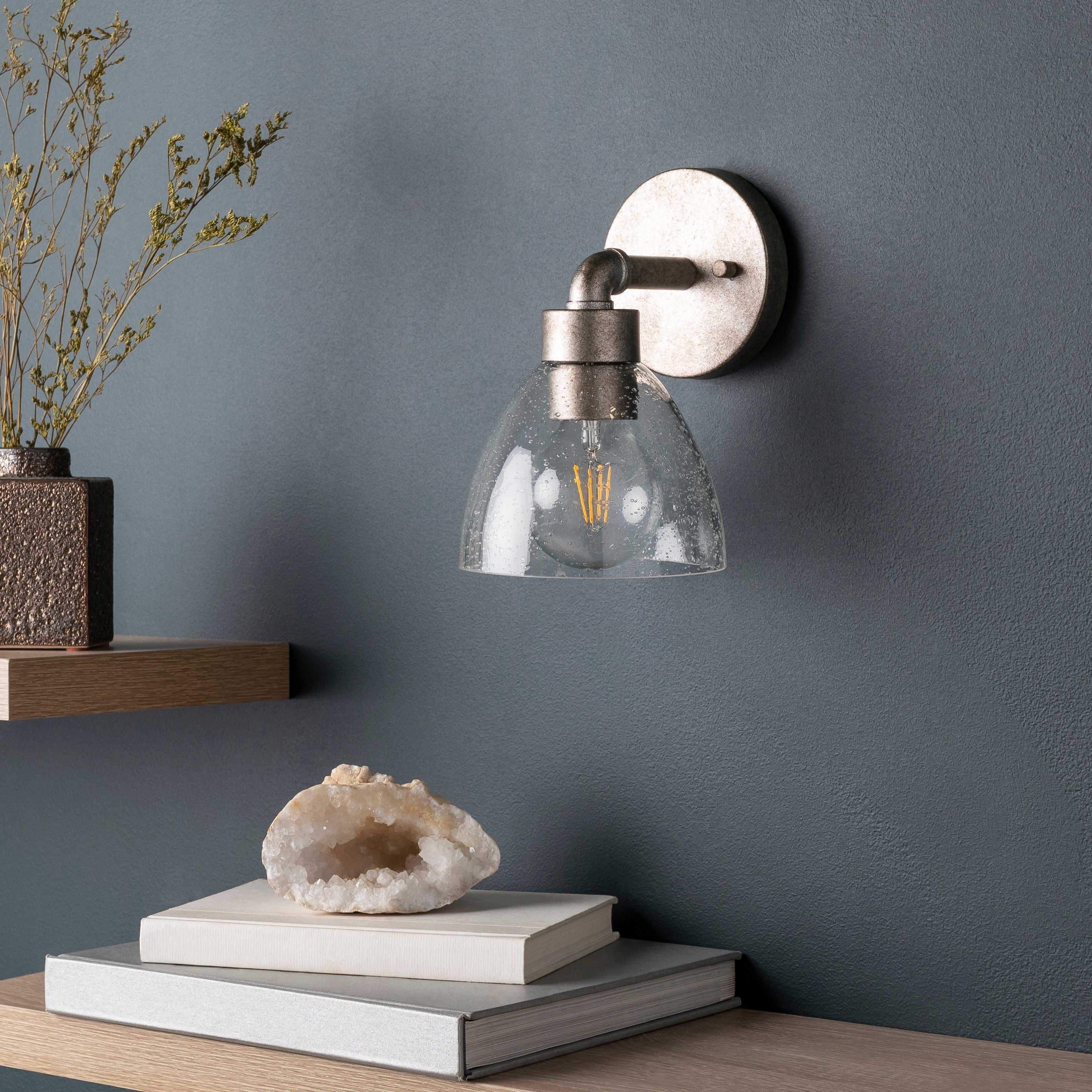 Lillith Pewter Seeded Glass Wall Sconce 9 H X 5.875 W X 6.75 D