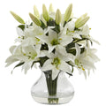 Nearly Natural White Faux Lily Arrangement With Clear Glass Vase