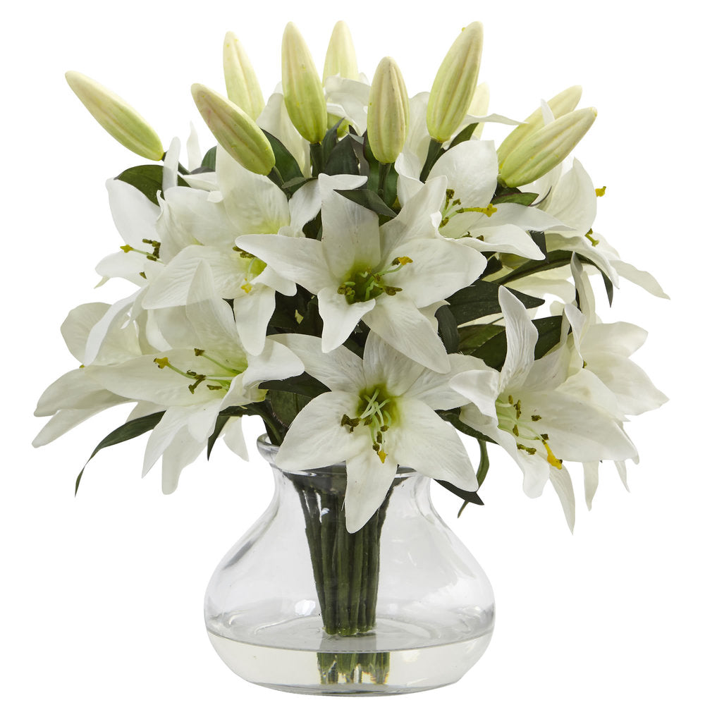 Nearly Natural White Faux Lily Arrangement With Clear Glass Vase