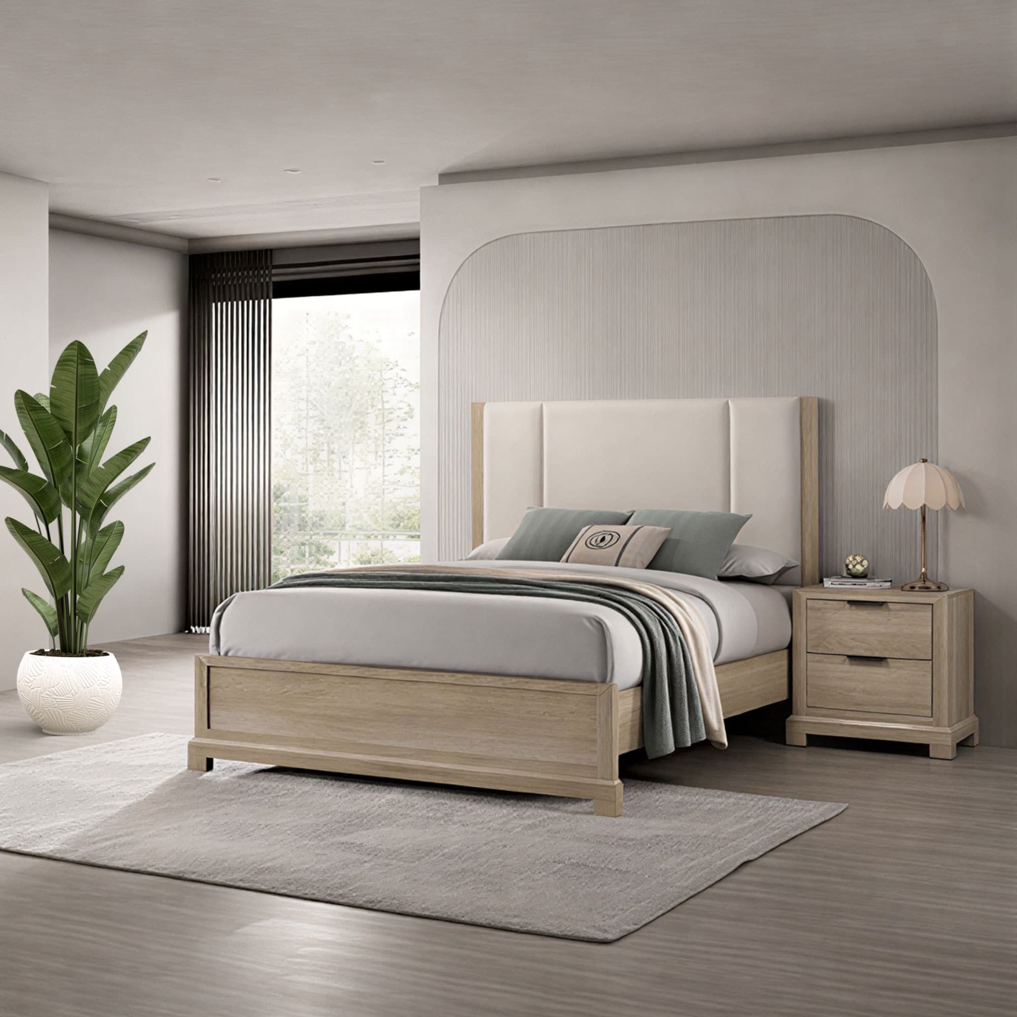 Linden Oak Upholstered Wood 2 Piece King Bedroom Set Nightstand