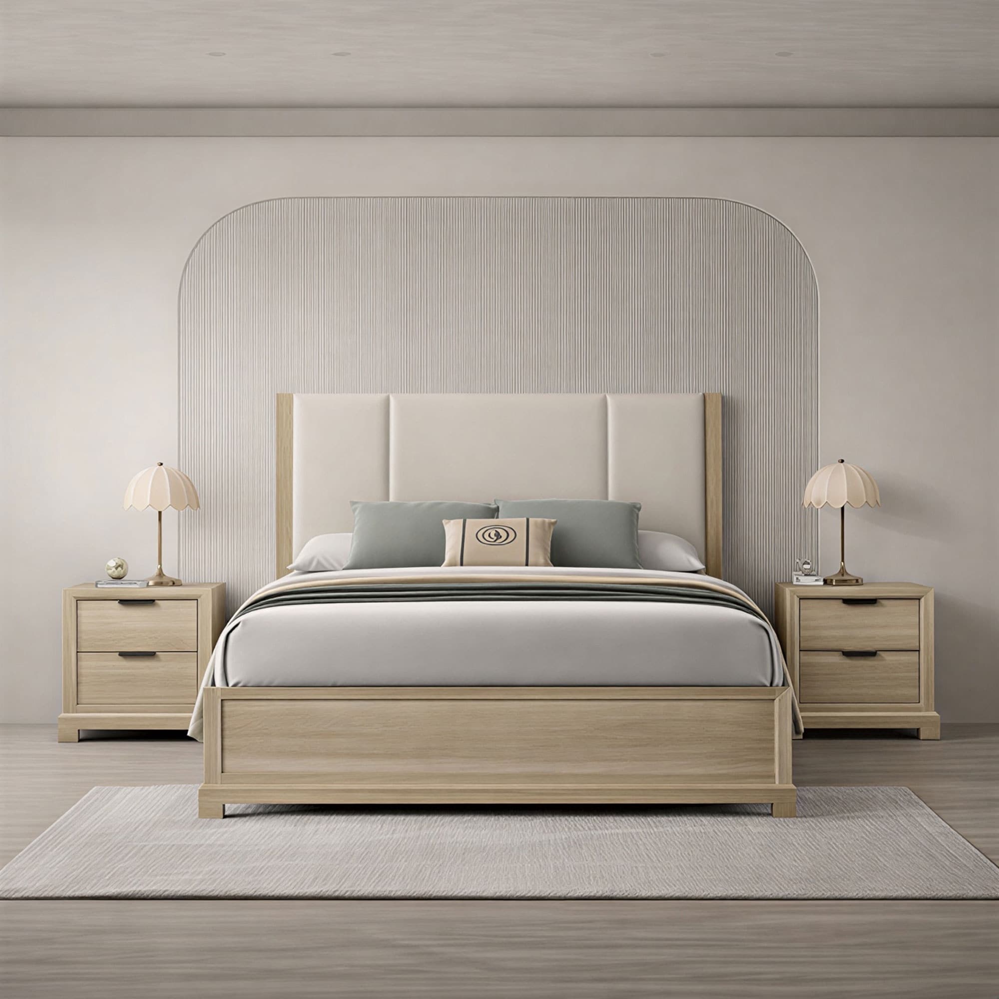 Linden Oak Upholstered Wood 3 Piece Bedroom Set Nightstands