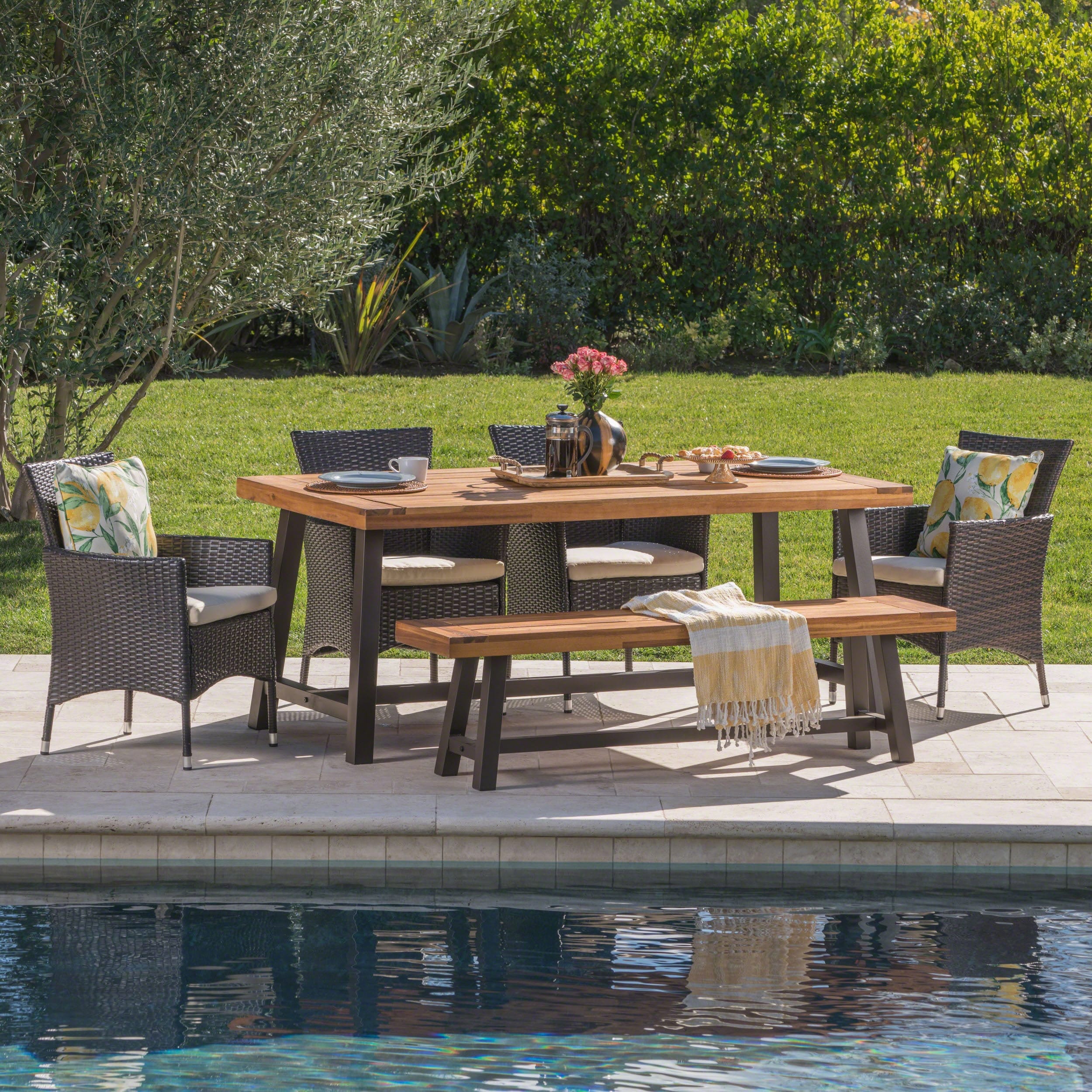 Linden Outdoor 6 Piece Rectangle Acacia Wood Wicker Dining Set With Cushions By Christopher Knight Home