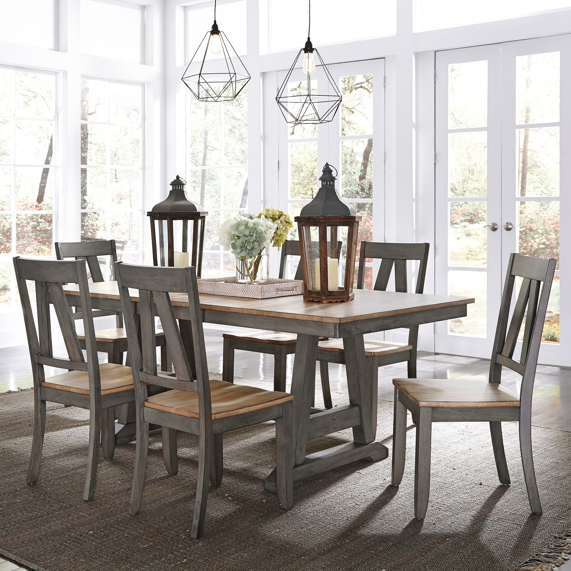 Lindsey Farm Grey And Sandstone 7 Piece Trestle Table Set