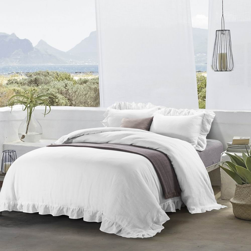 Linen Duvet Cover Set Stone Washed Ruffled Edge