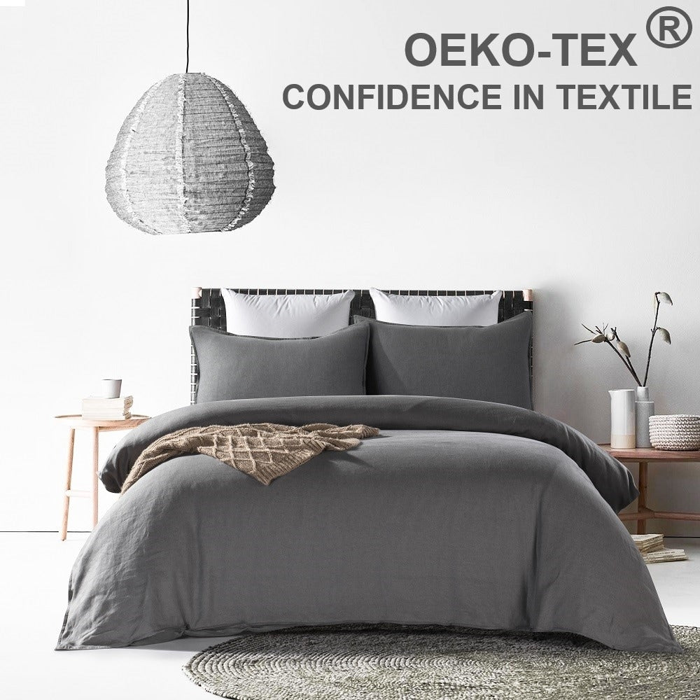 Linen Duvet Cover With Pillow Shams 3 Pieces Set Vintage Stone Washed Fabric Basic Style Corner Ties
