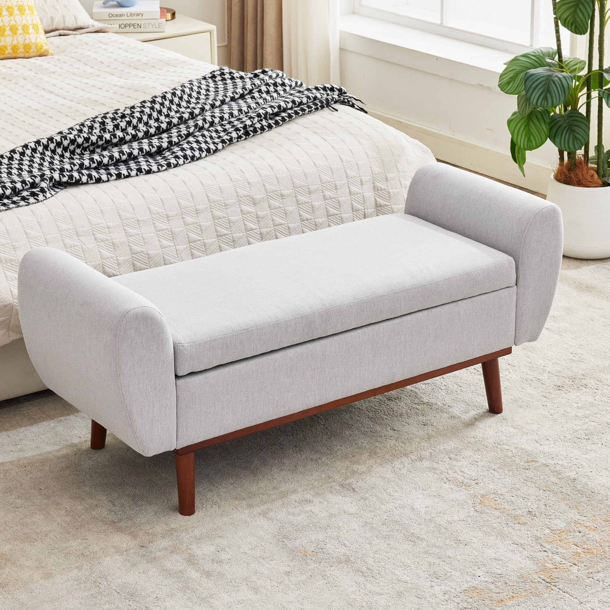 Linen Fabric Storage Ottoman Bench With Hidden Compartment And Rubberwood Legs