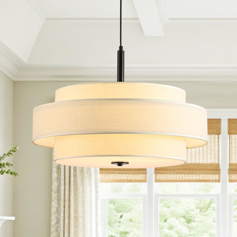 Linen Fabric Tiered Drum 3 Light Hanging Coastal Pendant 23.6 In