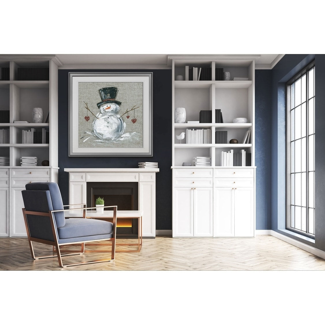 Linen Snowman Ii Custom Framed Print Blue White Grey Yellow Green Silver Gold