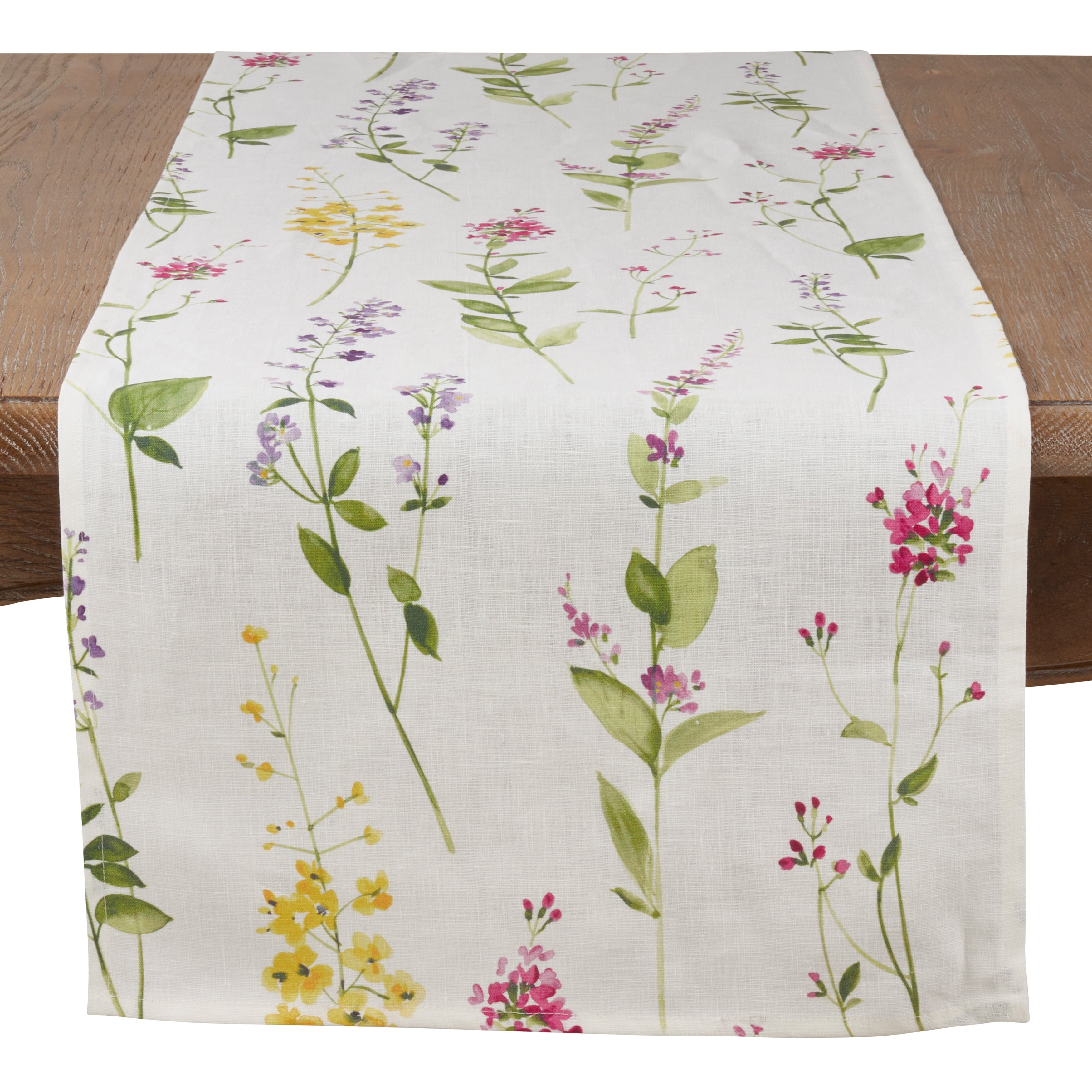 Saro Lifestyle Watercolor Floral Stem Design Off White Linen Table Runner