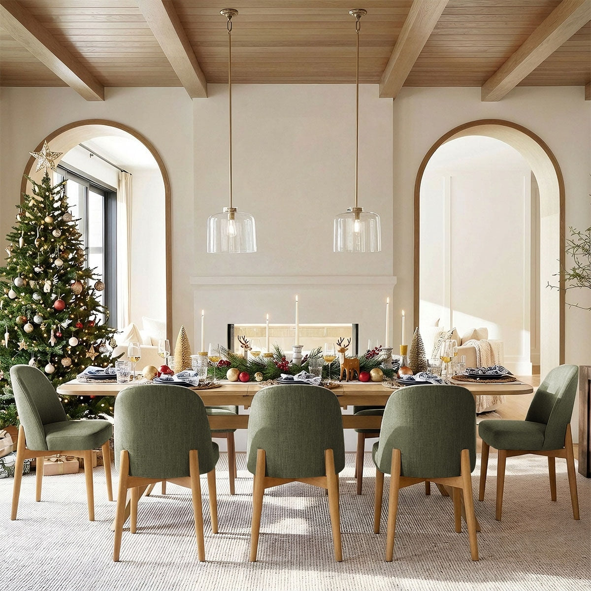 Linen Upholstered Dining Chairs With Solid Wood Legs Set Of 8